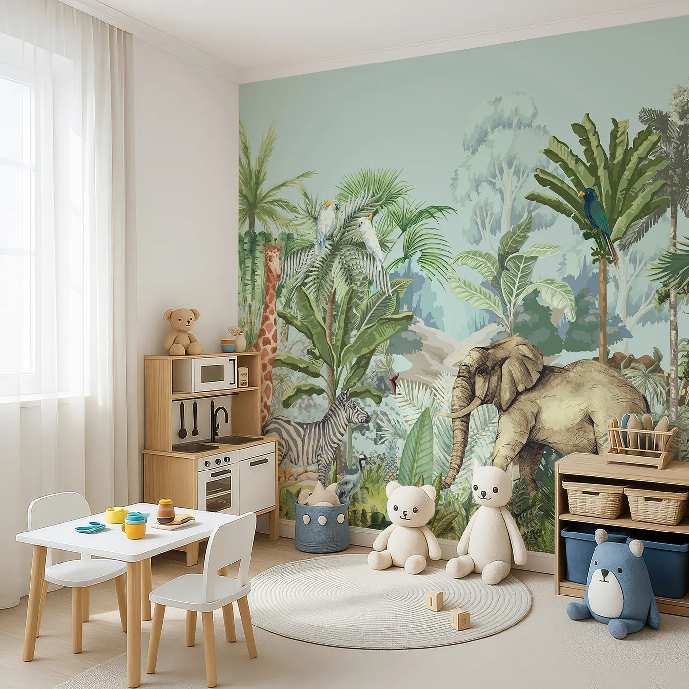 Angled view of Whimsy Tots' Vintage Safari Panorama Wall Mural (Turn Their Room into a Classic, Grand Jungle Scene).Gender-Neutral