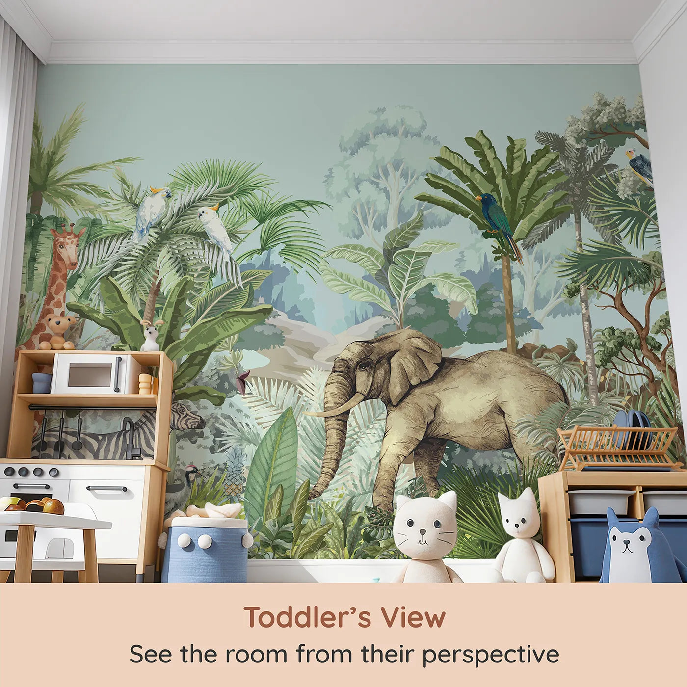Whimsy Tots Vintage Safari Panorama Wall Mural (Turn Their Room into a Classic, Grand Jungle Scene) from your child's view.Gender-Neutral