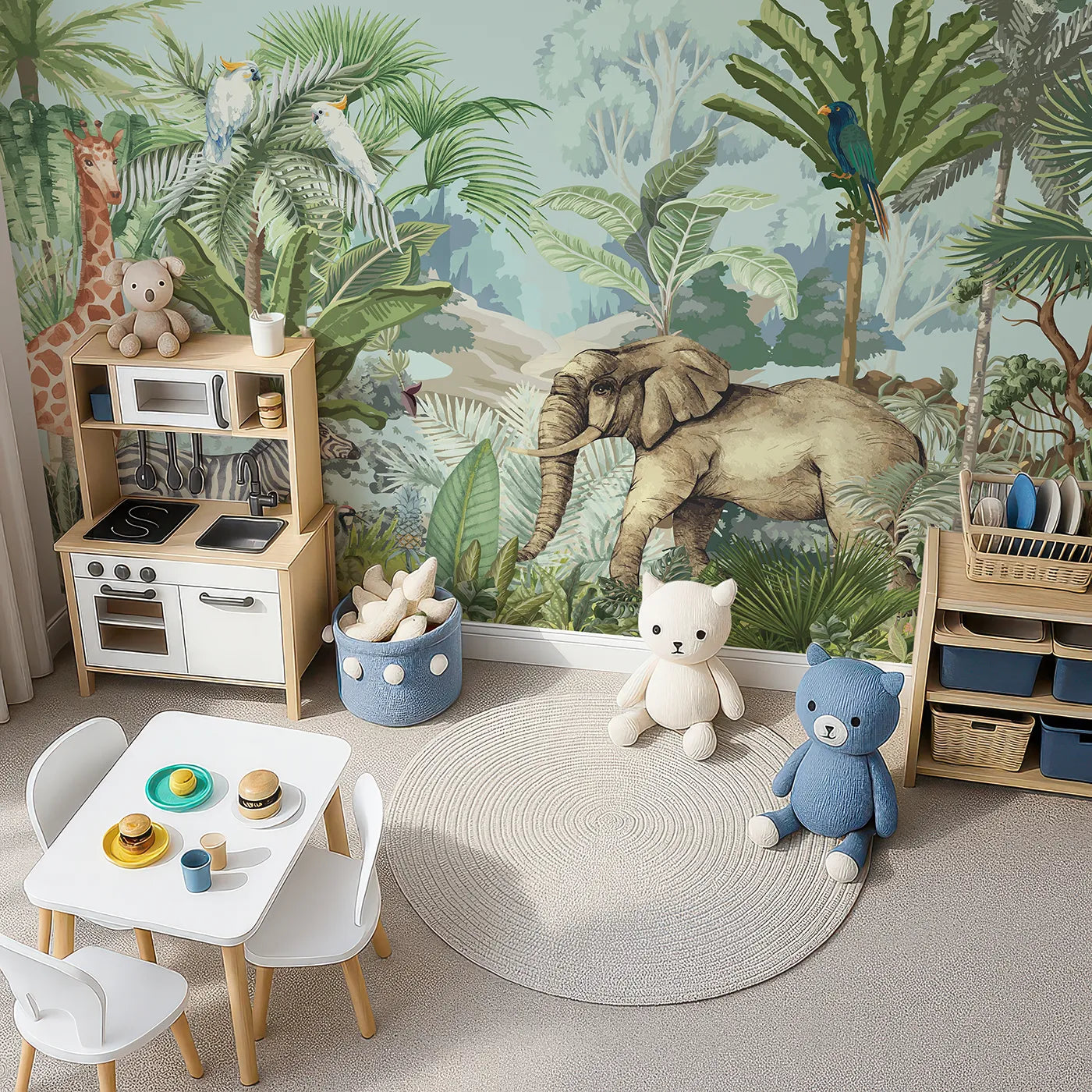 Top-down view of Whimsy Tots' Vintage Safari Panorama Wall Mural (Turn Their Room into a Classic, Grand Jungle Scene).Gender-Neutral