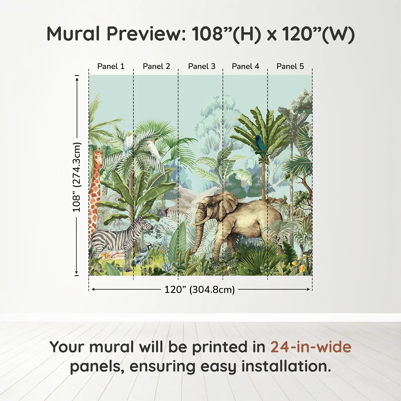 Whimsy Tots Vintage Safari Panorama Wall Muraldimension view (108" H x 120" W). Printed in five 24-inch-wide panels. Gender-Neutral