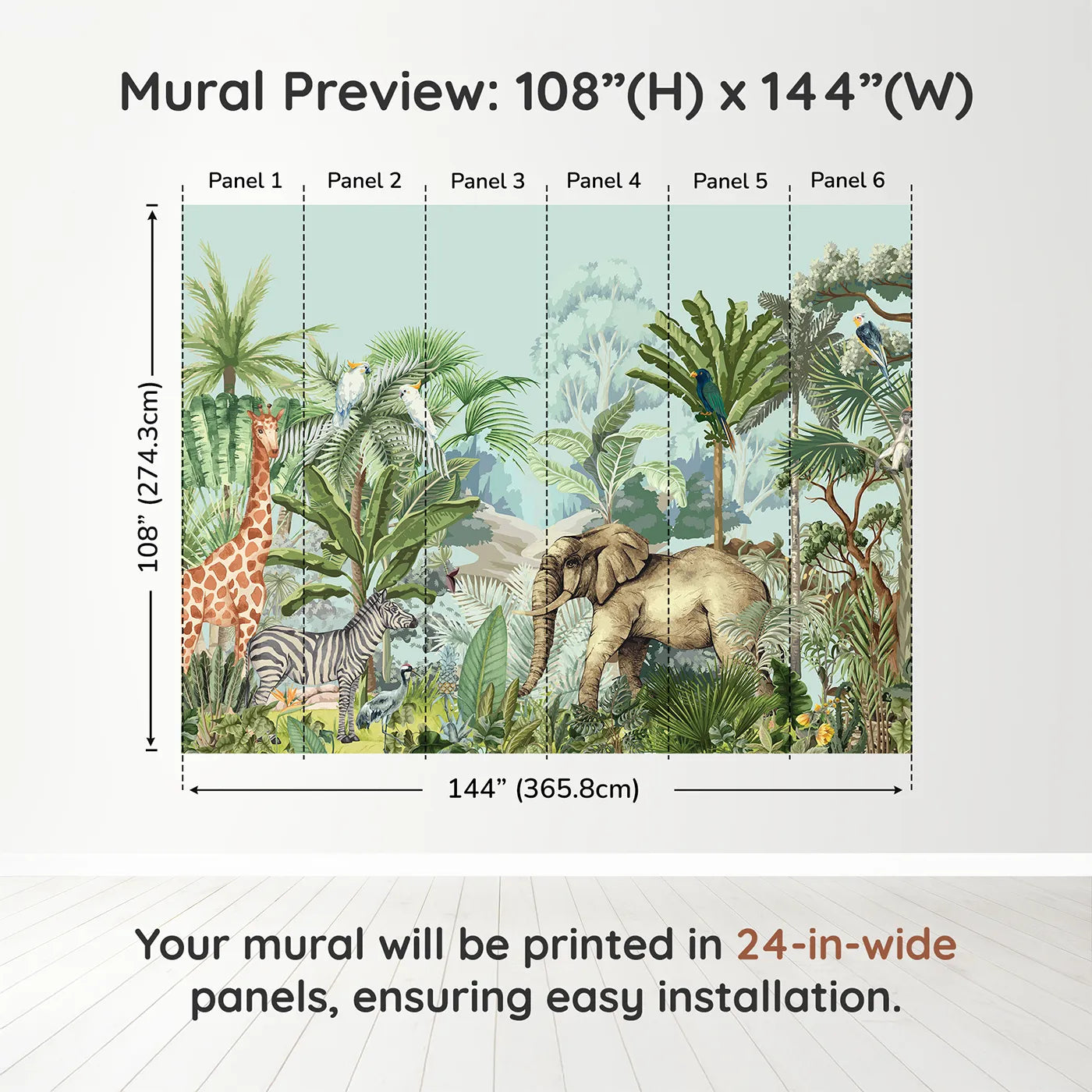 Whimsy Tots Vintage Safari Panorama Wall Muraldimension view (108" H x 144" W). Printed in six 24-inch-wide panels. Gender-Neutral