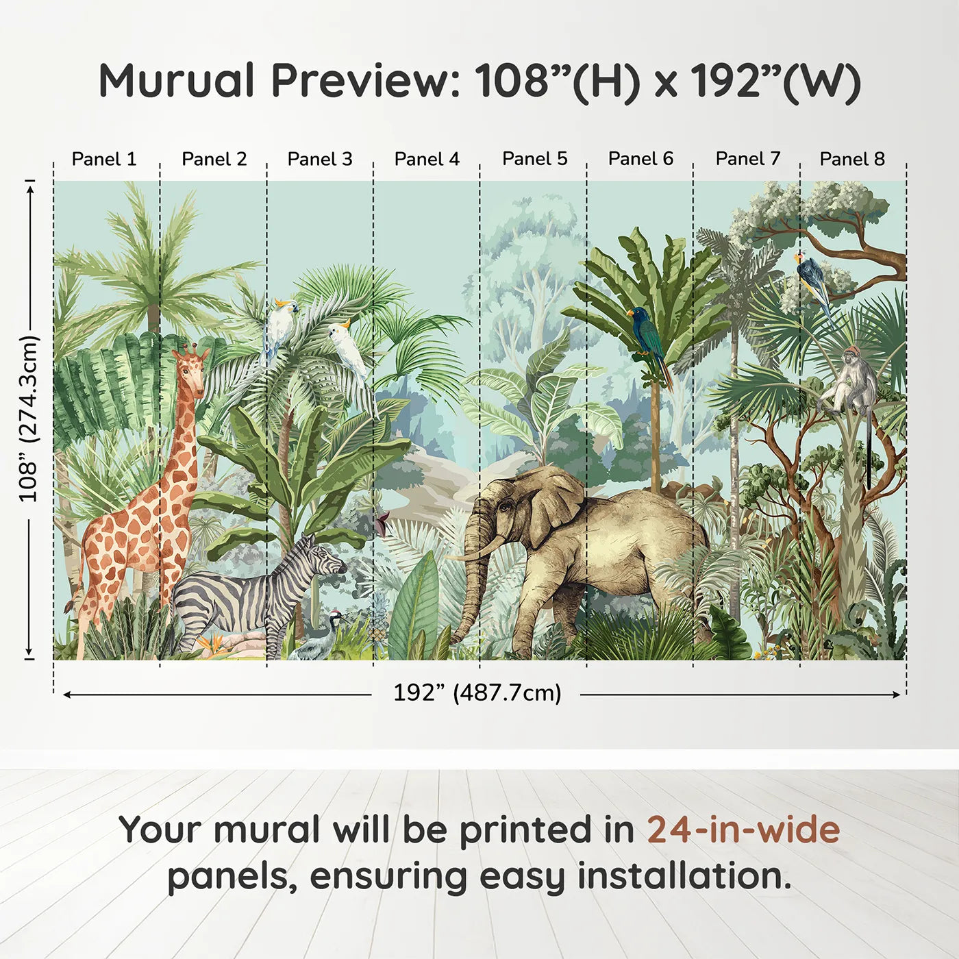 Whimsy Tots Vintage Safari Panorama Wall Muraldimension view (108" H x 192" W). Printed in eight 24-inch-wide panels. Gender-Neutral