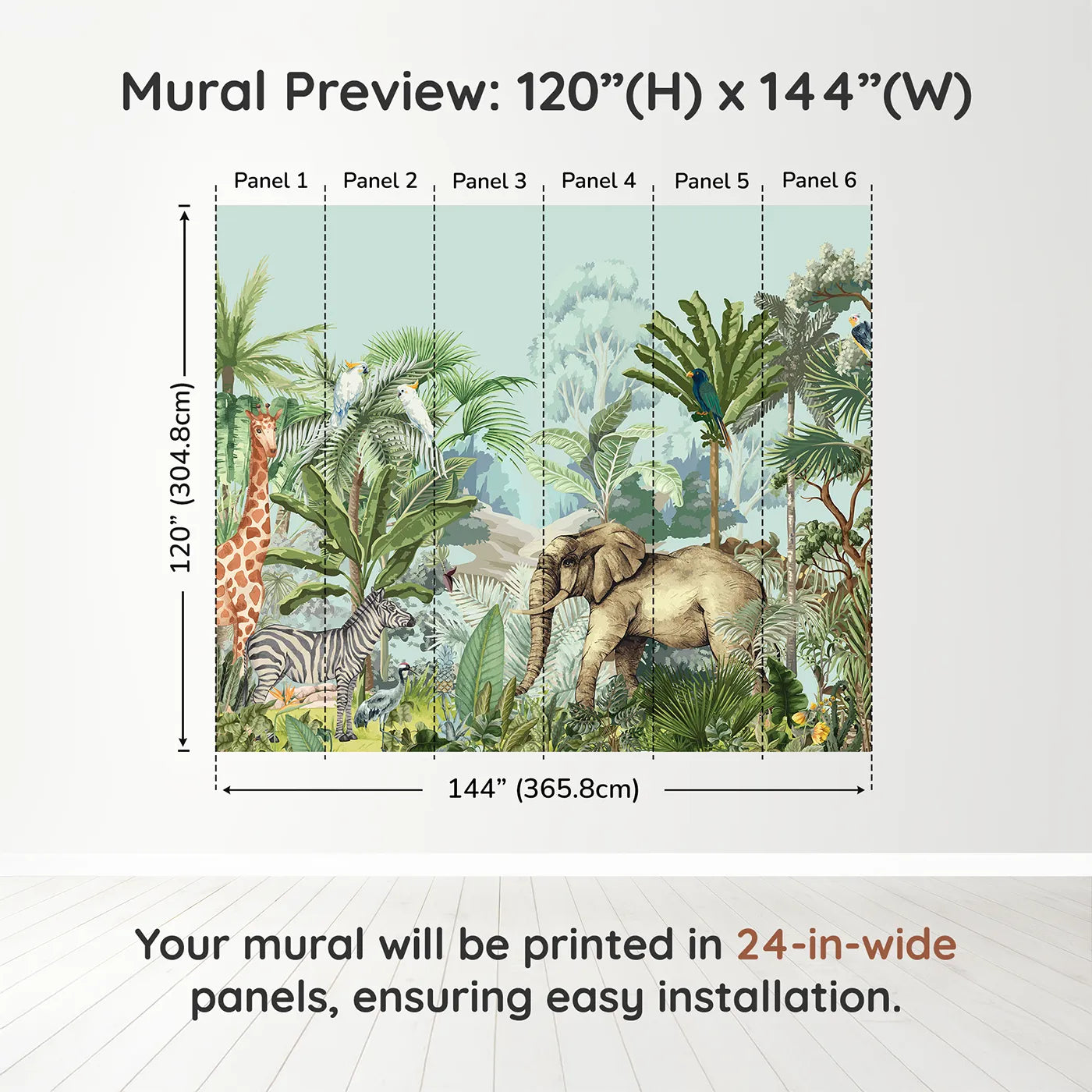 Whimsy Tots Vintage Safari Panorama Wall Muraldimension view (120" H x 144" W). Printed in six 24-inch-wide panels. Gender-Neutral