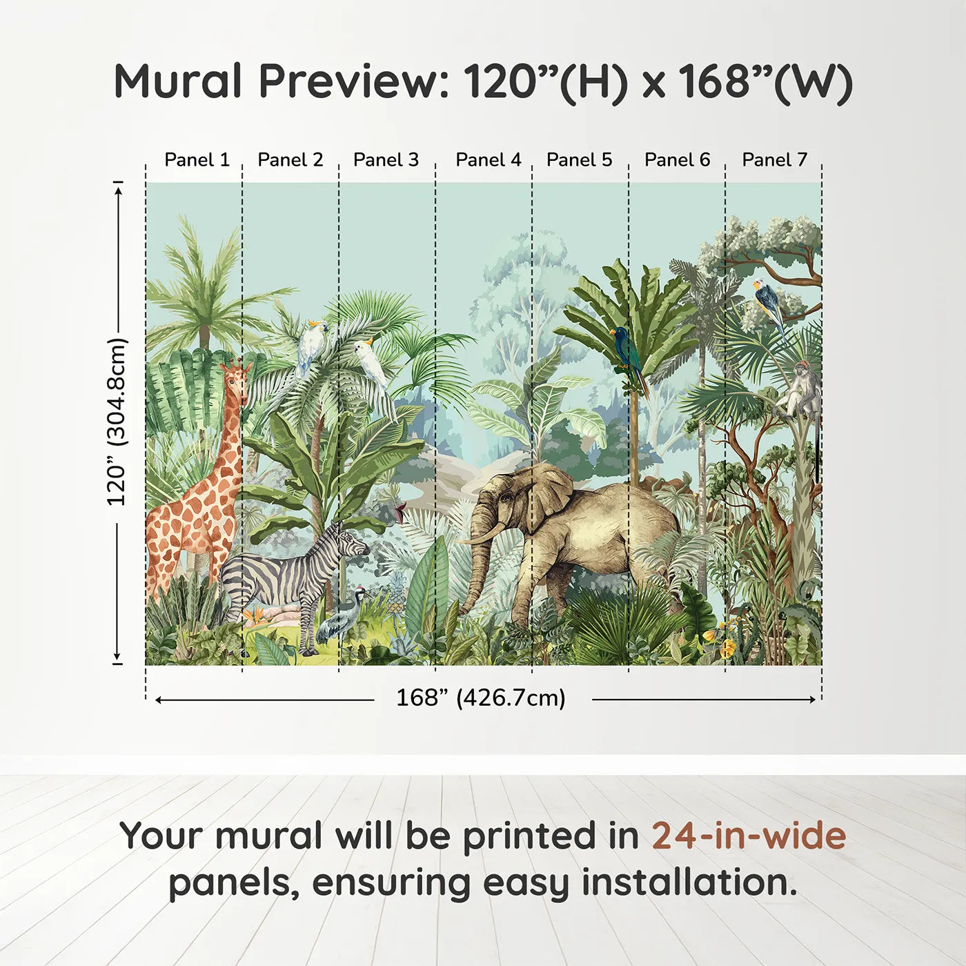 Whimsy Tots Vintage Safari Panorama Wall Muraldimension view (120" H x 168" W). Printed in seven 24-inch-wide panels. Gender-Neutral