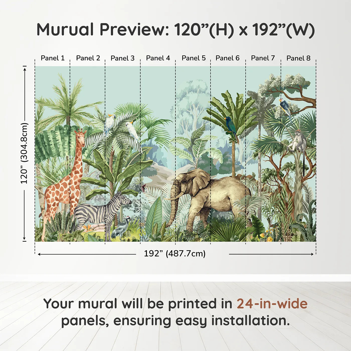 Whimsy Tots Vintage Safari Panorama Wall Muraldimension view (120" H x 192" W). Printed in eight 24-inch-wide panels. Gender-Neutral
