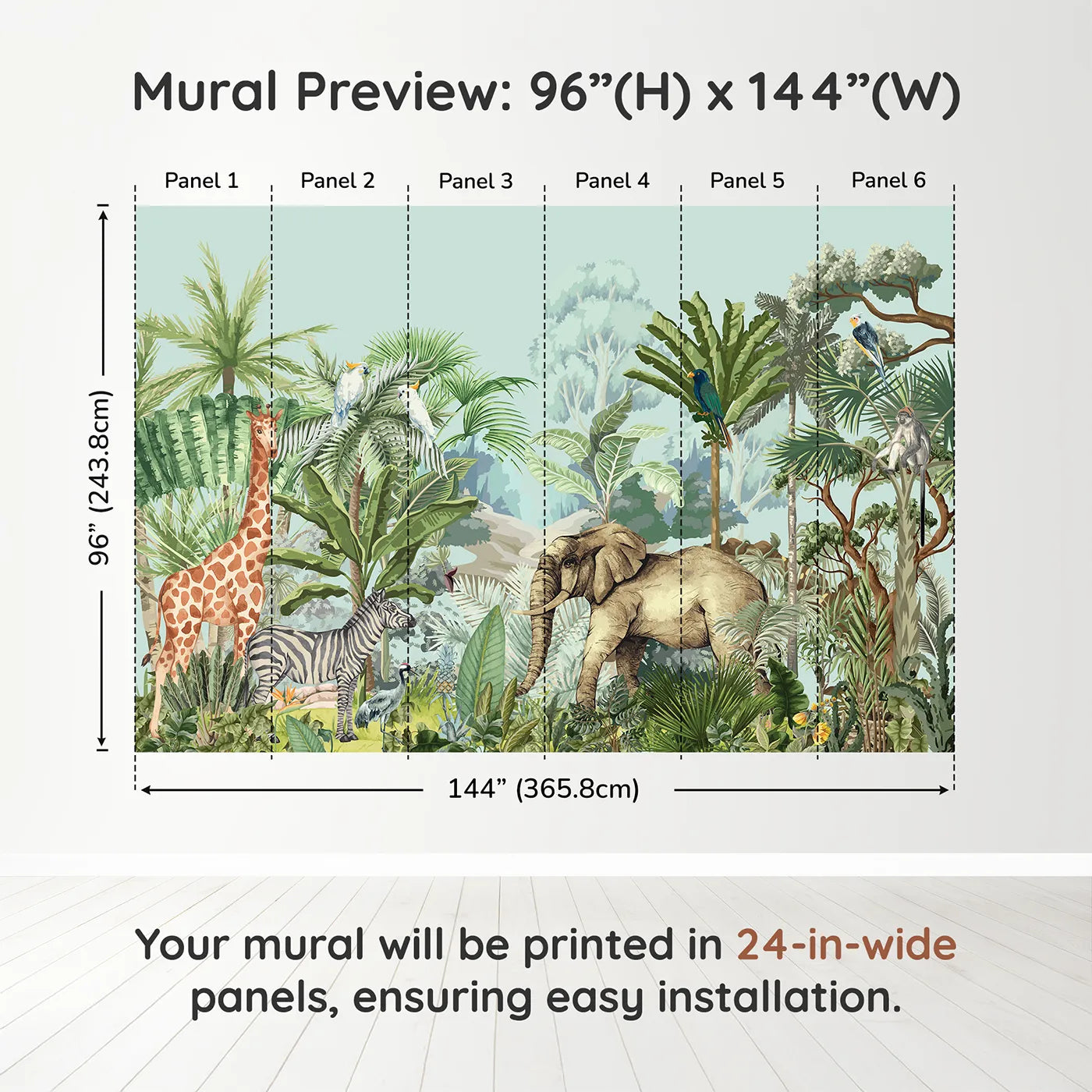 Whimsy Tots Vintage Safari Panorama Wall Muraldimension view (96" H x 144" W). Printed in six 24-inch-wide panels. Gender-Neutral