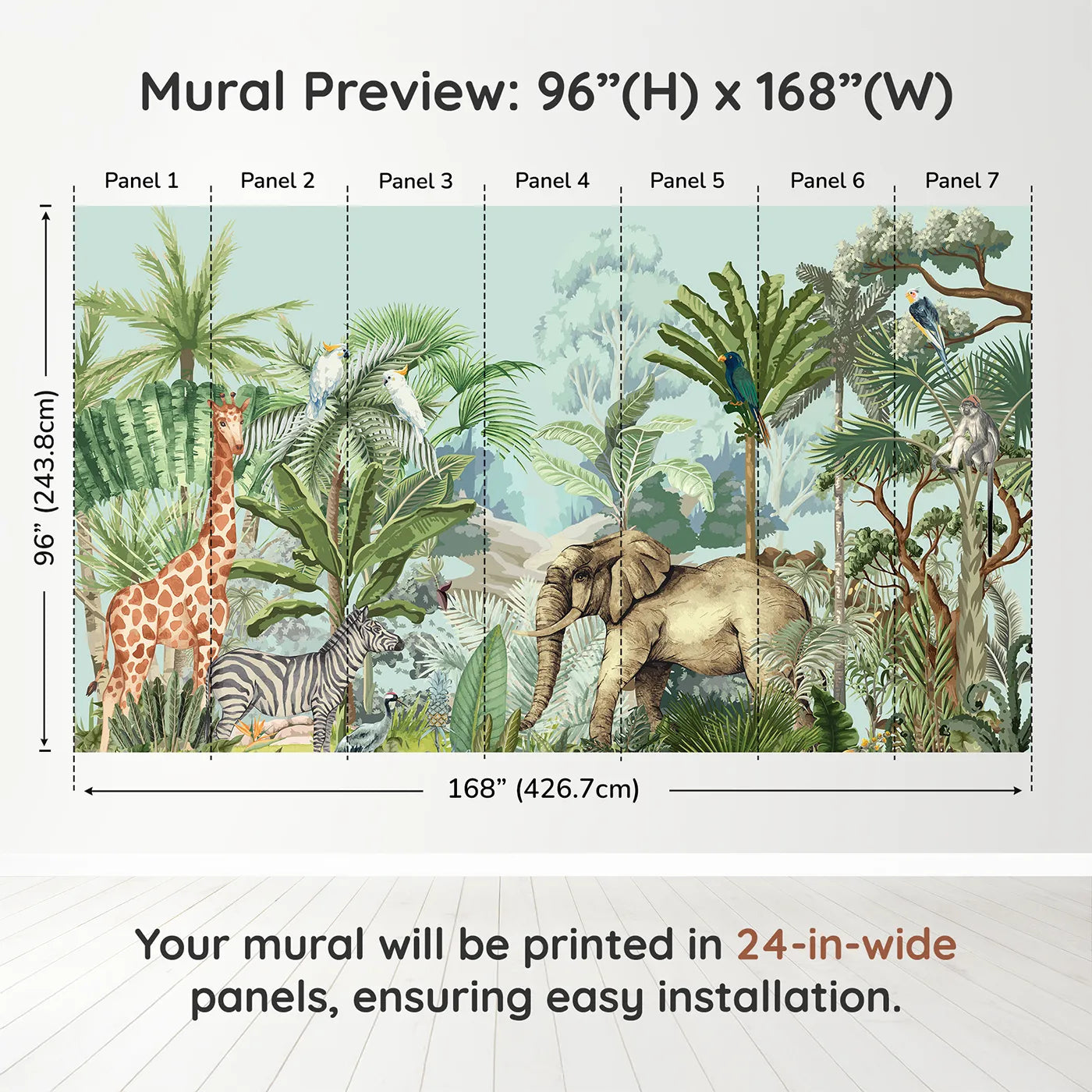 Whimsy Tots Vintage Safari Panorama Wall Muraldimension view (96" H x 168" W). Printed in seven 24-inch-wide panels. Gender-Neutral