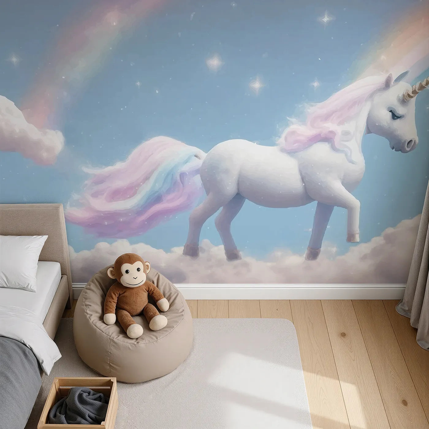 Top-down view of Whimsy Tots' Rainbow Unicorn Sky Wall Mural (Turn Their Room into a Breathtaking, Magical Dreamscape).Best for Girls