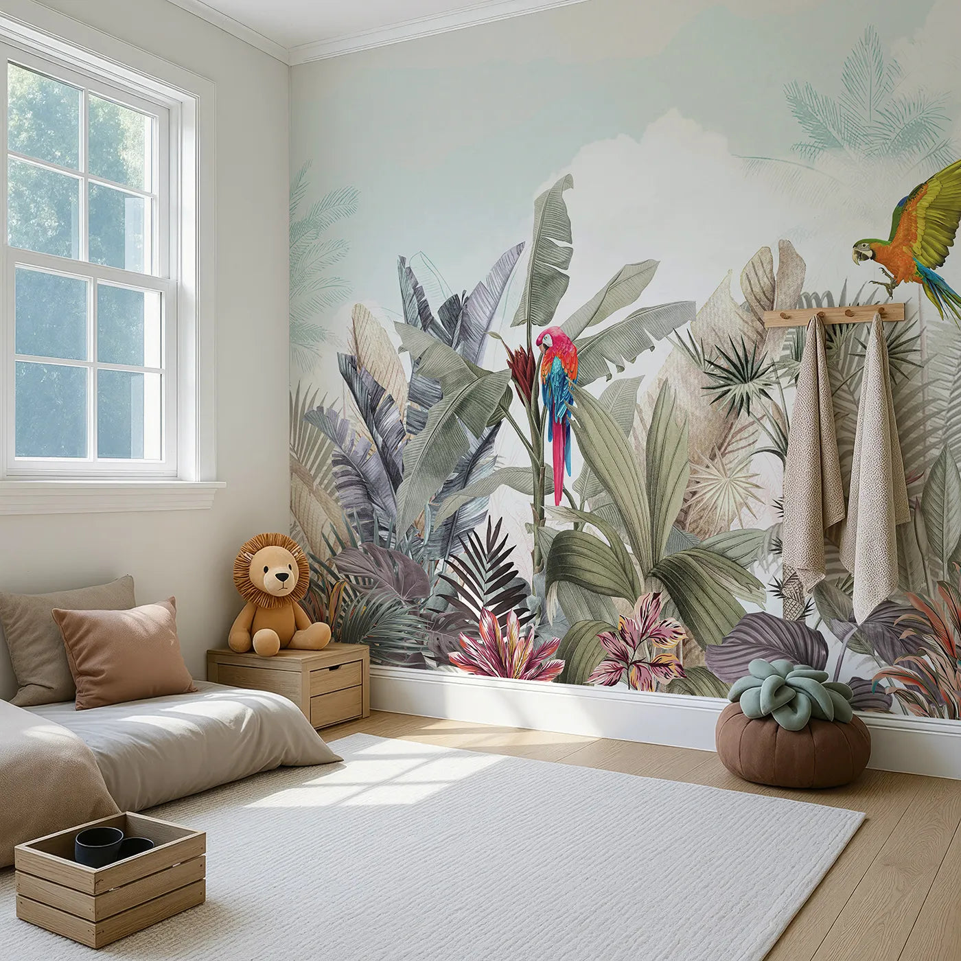 Angled view of Whimsy Tots' Tropical Parrot Paradise Wall Mural (Turn Their Room into a Vibrant, Exotic Jungle).Gender-Neutral