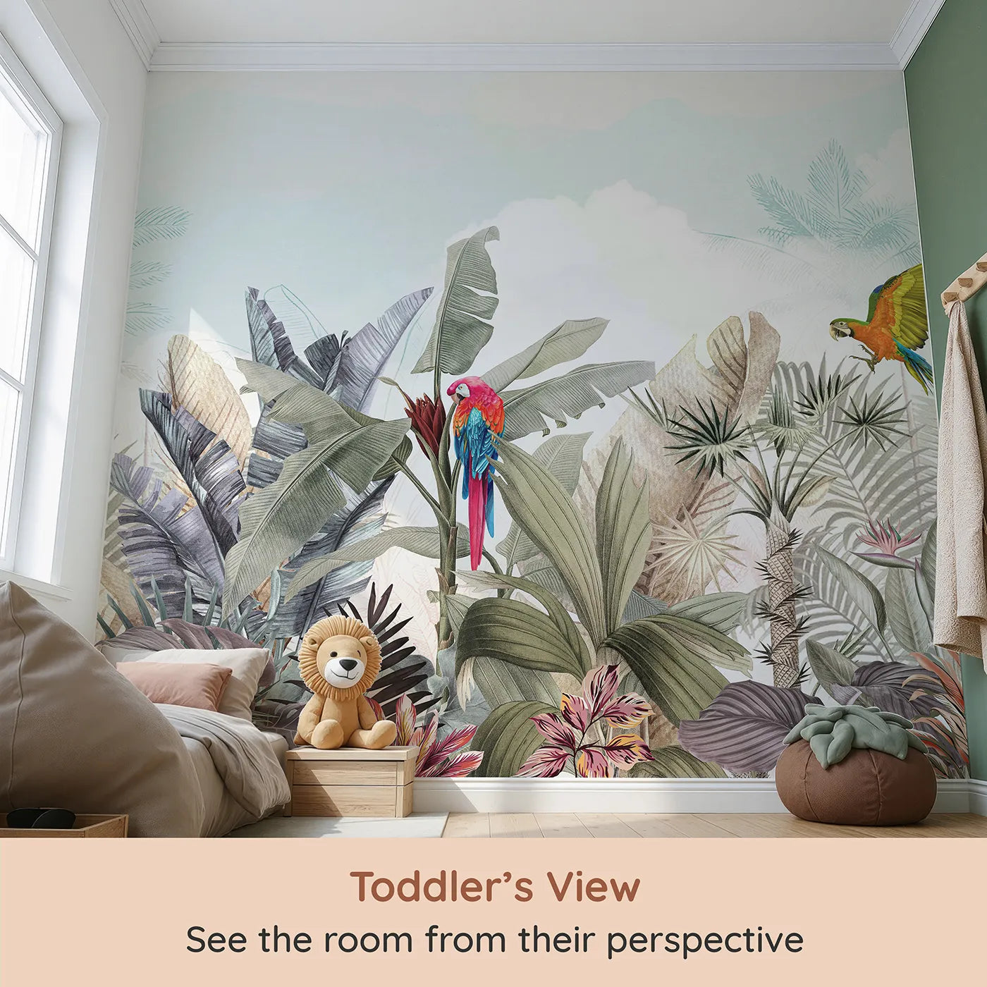 Whimsy Tots Tropical Parrot Paradise Wall Mural (Turn Their Room into a Vibrant, Exotic Jungle) from your child's view.Gender-Neutral