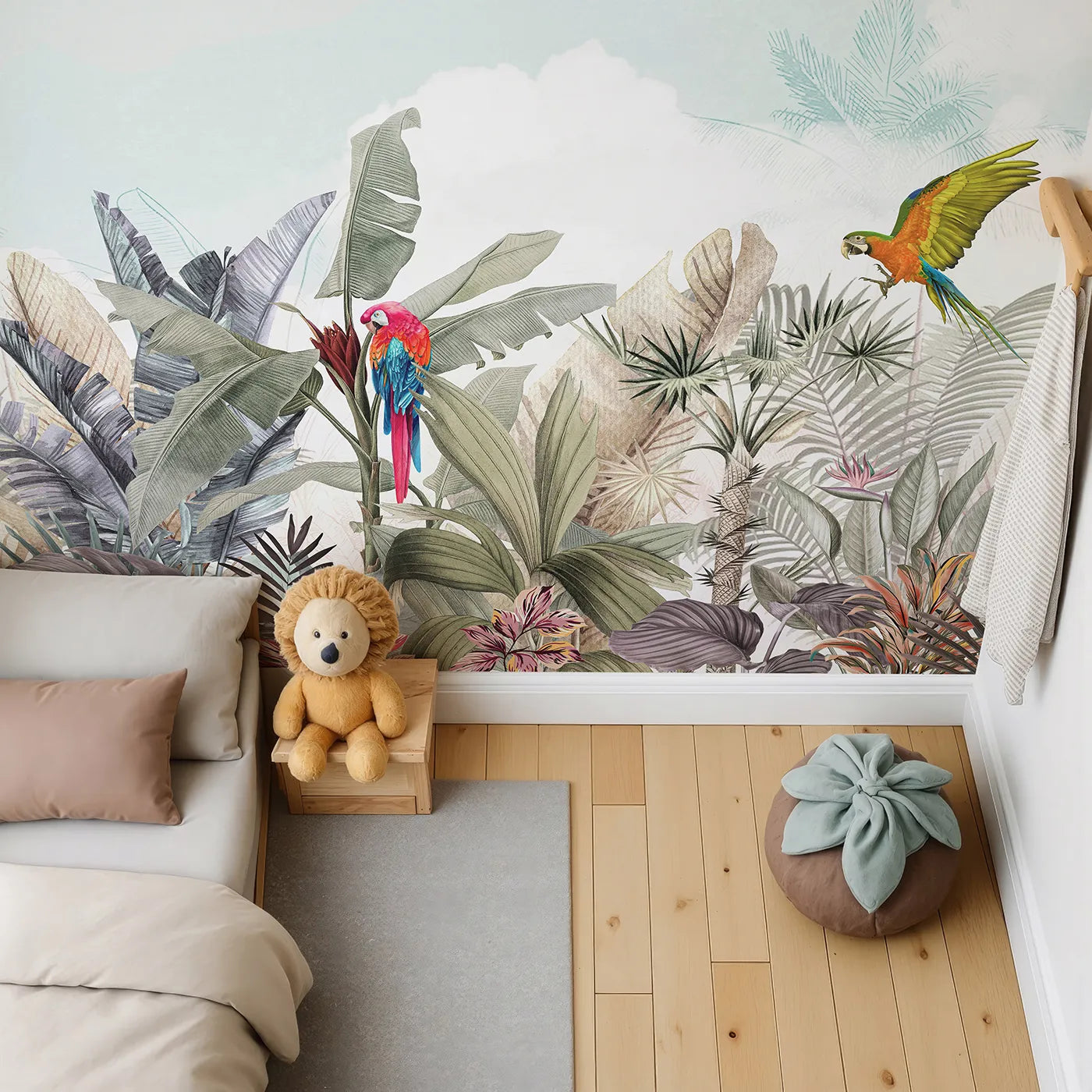 Top-down view of Whimsy Tots' Tropical Parrot Paradise Wall Mural (Turn Their Room into a Vibrant, Exotic Jungle).Gender-Neutral