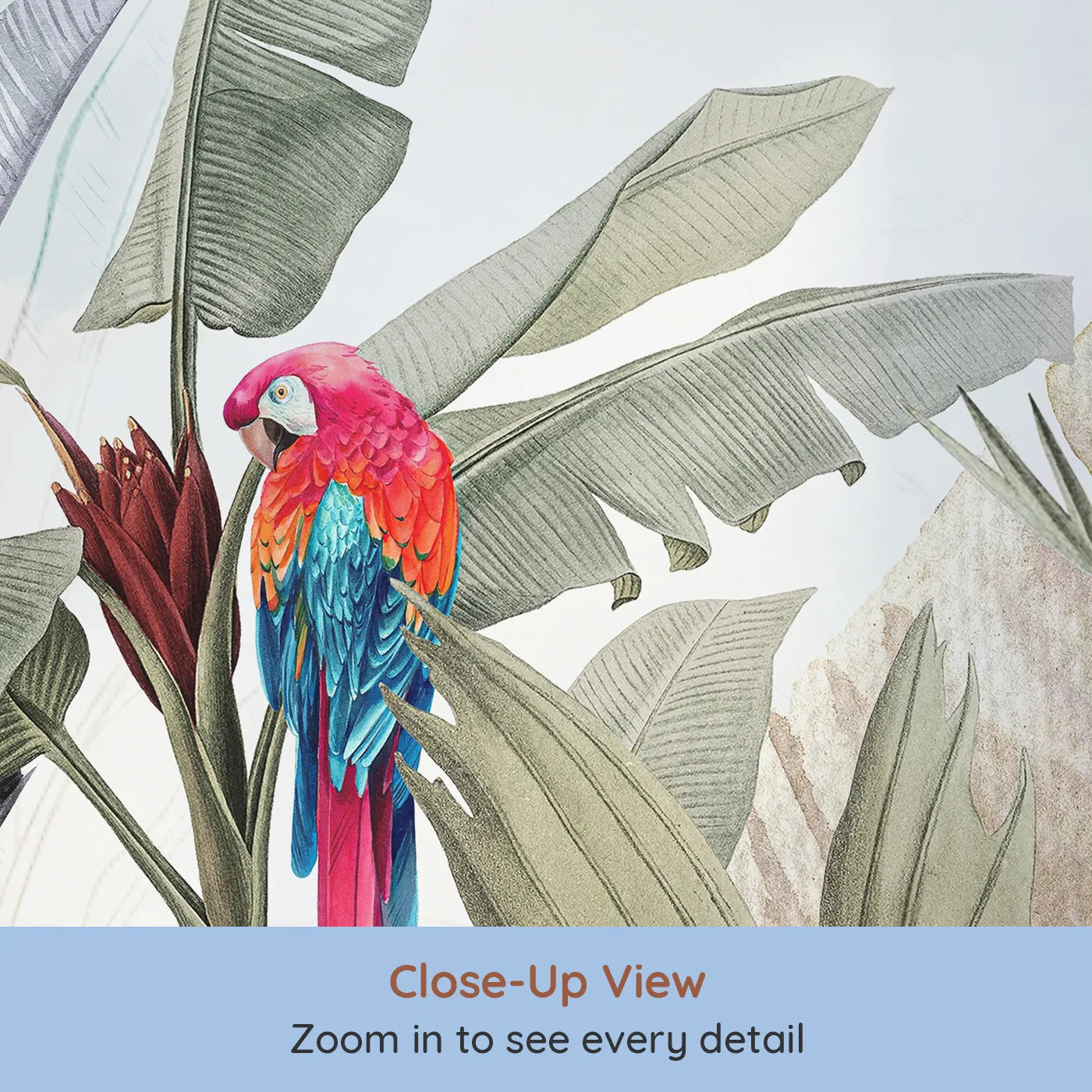 Close-up view of Whimsy Tots' Tropical Parrot Paradise Wall Mural (Turn Their Room into a Vibrant, Exotic Jungle).Gender-Neutral
