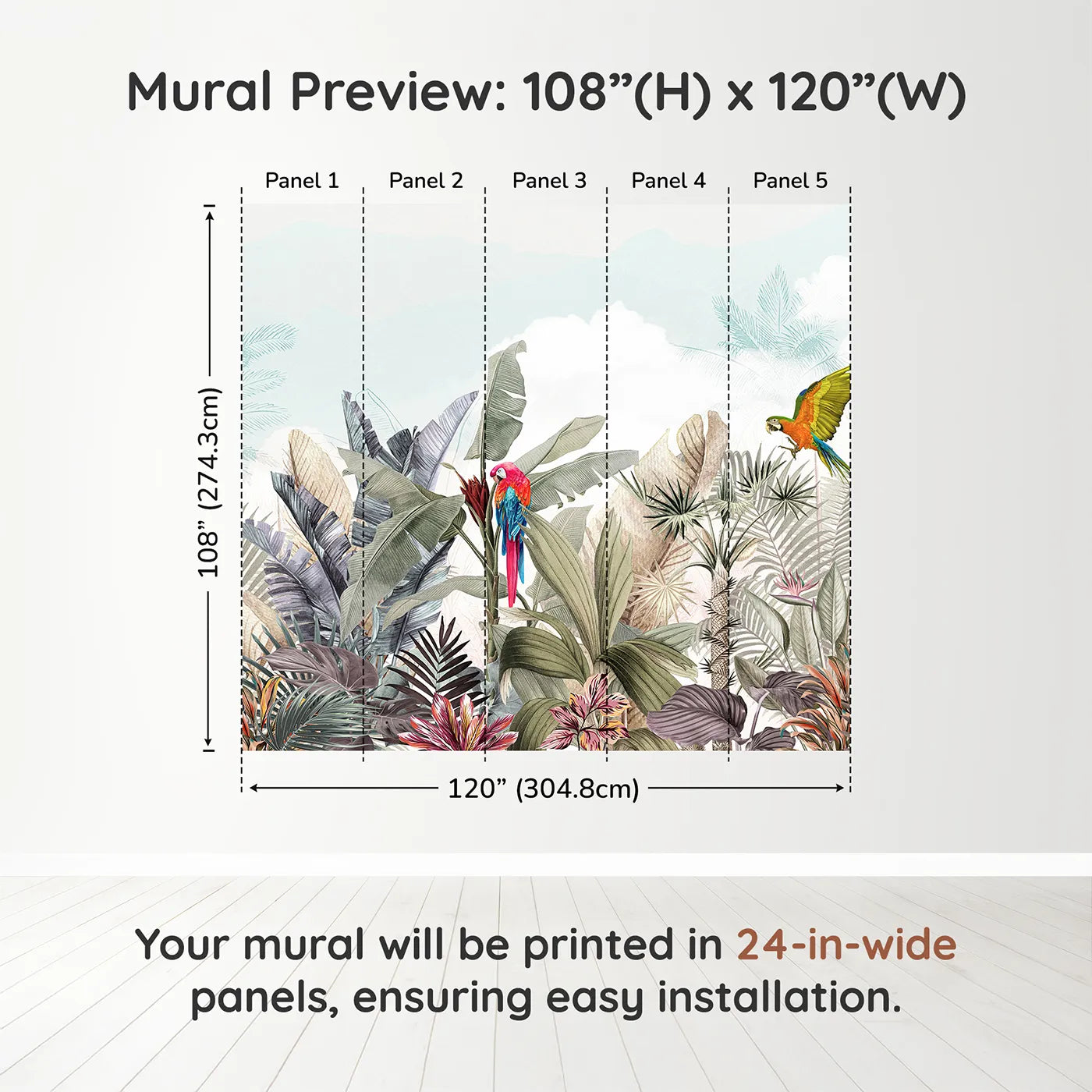Whimsy Tots Tropical Parrot Paradise Wall Muraldimension view (108" H x 120" W). Printed in five 24-inch-wide panels. Gender-Neutral