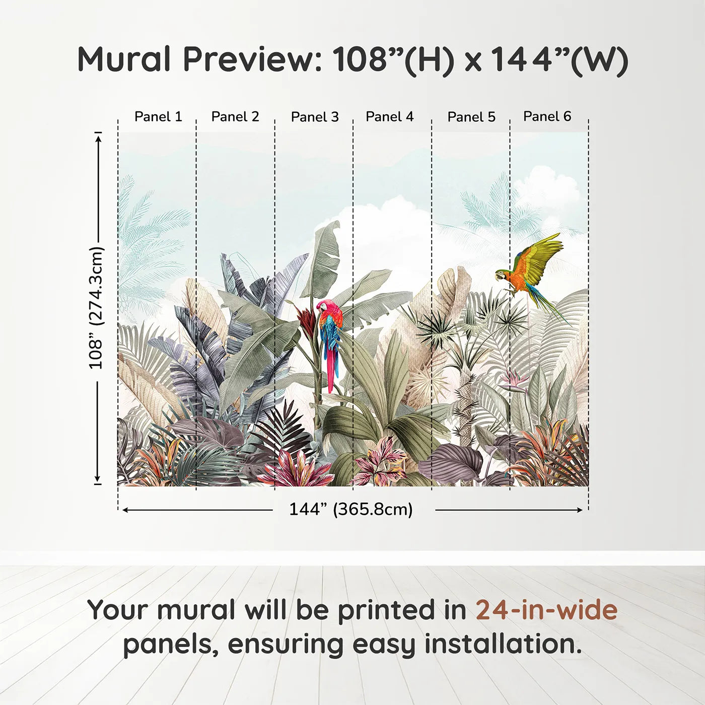 Whimsy Tots Tropical Parrot Paradise Wall Muraldimension view (108" H x 144" W). Printed in six 24-inch-wide panels. Gender-Neutral