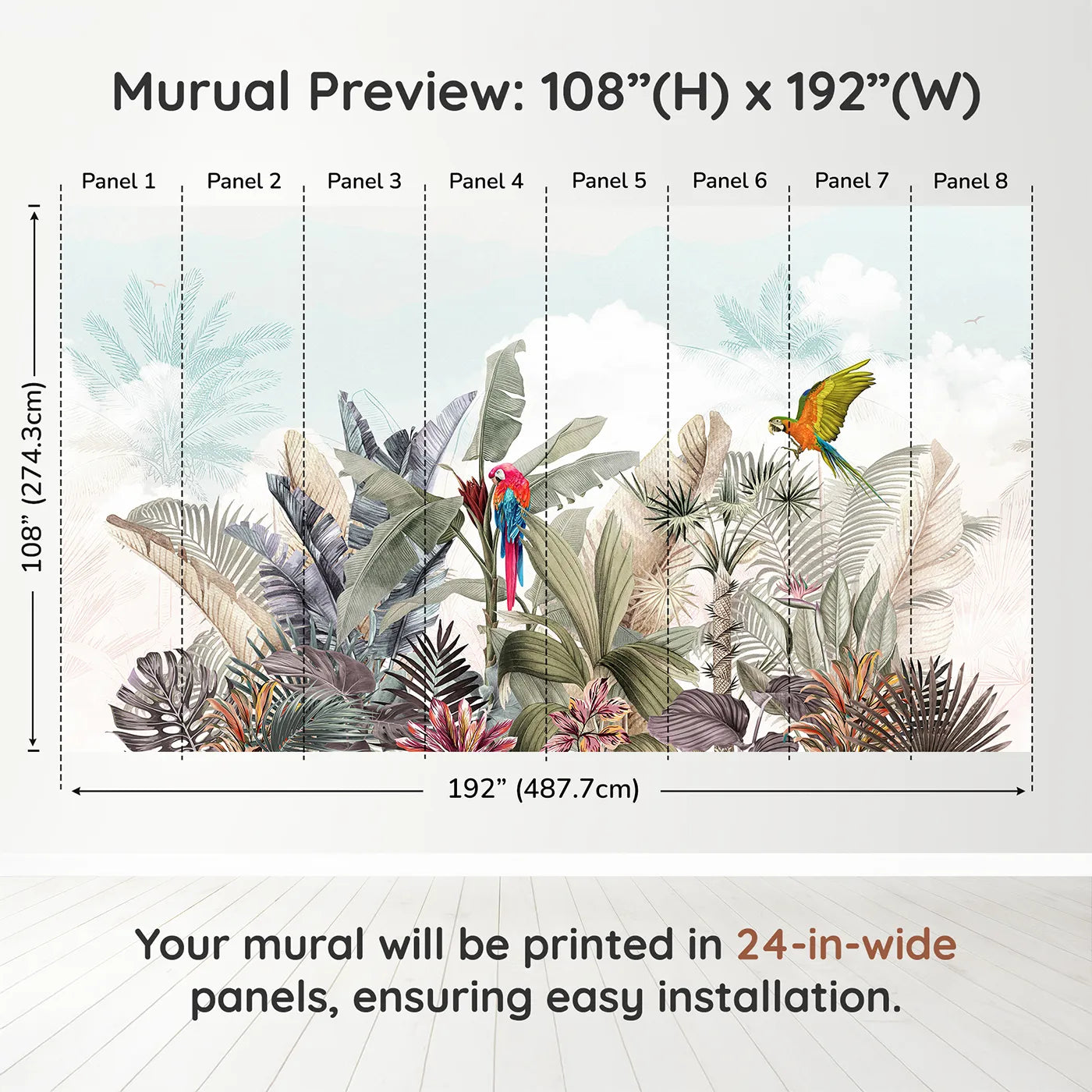 Whimsy Tots Tropical Parrot Paradise Wall Muraldimension view (108" H x 192" W). Printed in eight 24-inch-wide panels. Gender-Neutral