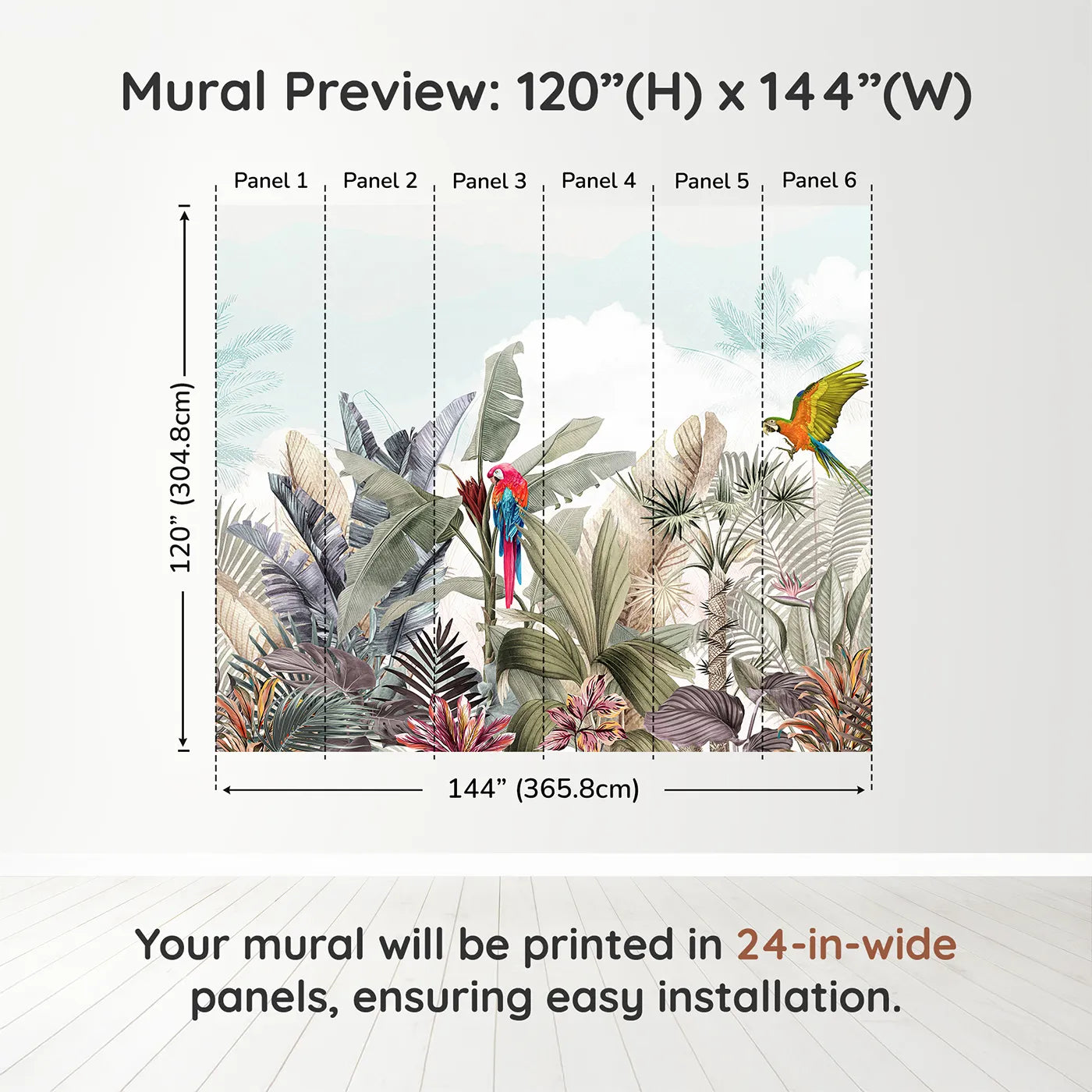 Whimsy Tots Tropical Parrot Paradise Wall Muraldimension view (120" H x 144" W). Printed in six 24-inch-wide panels. Gender-Neutral