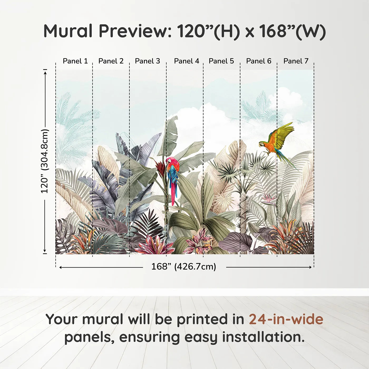 Whimsy Tots Tropical Parrot Paradise Wall Muraldimension view (120" H x 168" W). Printed in seven 24-inch-wide panels. Gender-Neutral