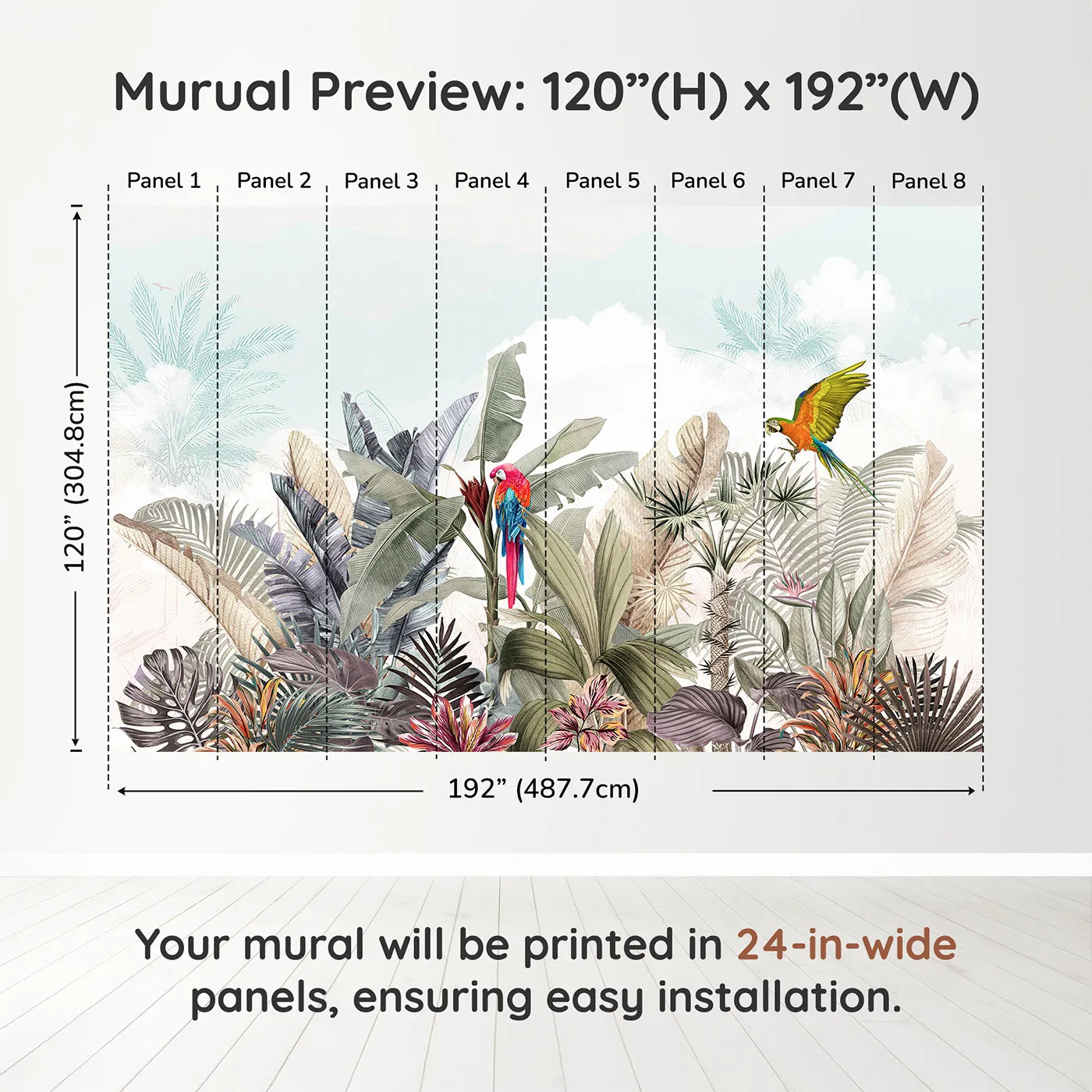 Whimsy Tots Tropical Parrot Paradise Wall Muraldimension view (120" H x 192" W). Printed in eight 24-inch-wide panels. Gender-Neutral