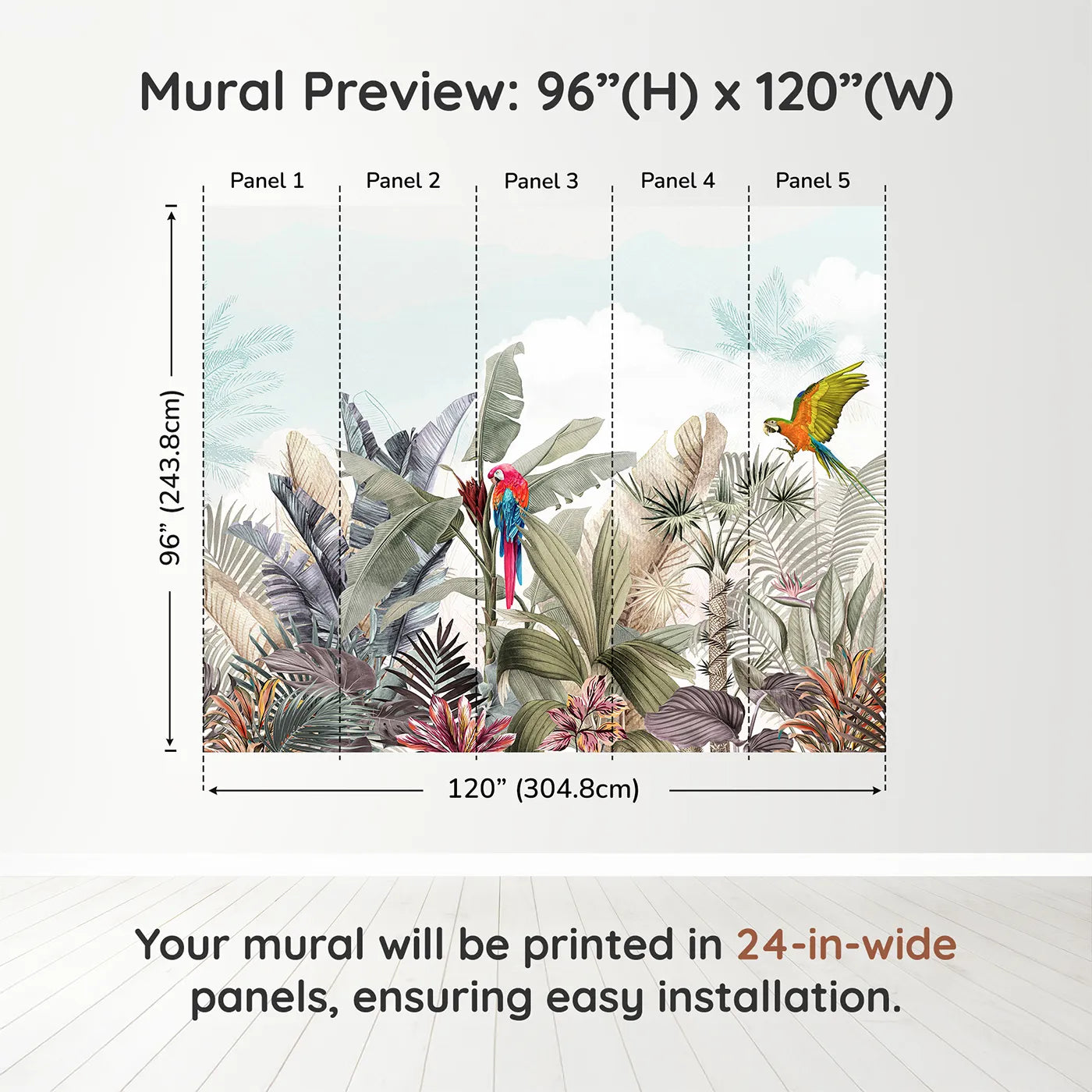 Whimsy Tots Tropical Parrot Paradise Wall Muraldimension view (96" H x 120" W). Printed in five 24-inch-wide panels. Gender-Neutral