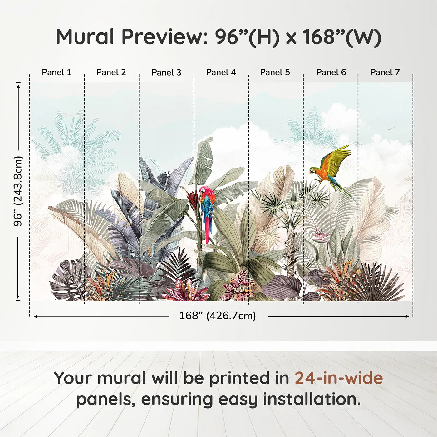 Whimsy Tots Tropical Parrot Paradise Wall Muraldimension view (96" H x 168" W). Printed in seven 24-inch-wide panels. Gender-Neutral