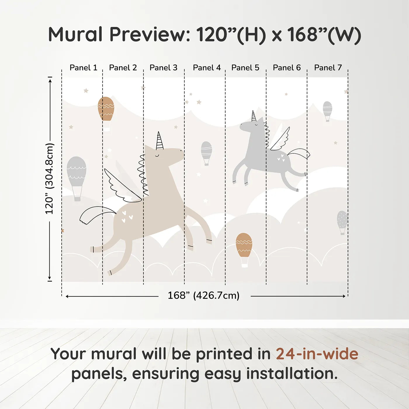 Whimsy Tots Flying Unicorns Wall Muraldimension view (120" H x 168" W). Printed in seven 24-inch-wide panels. Gender-Neutral