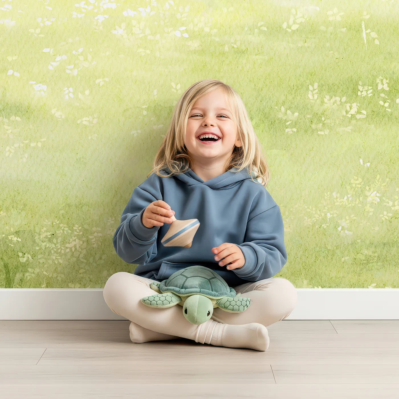 Child in front of Whimsy Tots Summer Meadow View Wall Mural with meadow, landscape, summer, green, watercolor, nature, calm, field in design.