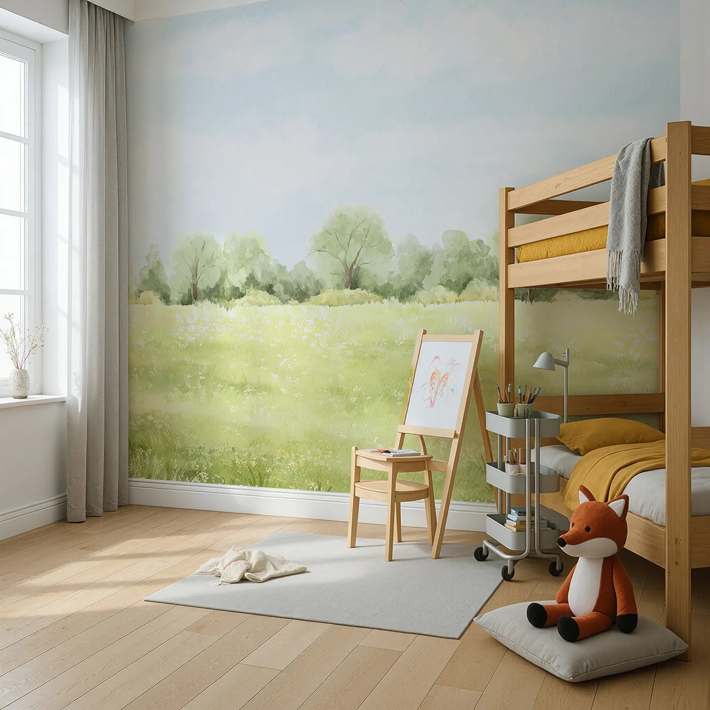 Angled view of Whimsy Tots' Summer Meadow View Wall Mural (Turn Their Room into a Peaceful, Painted Landscape).Gender-Neutral