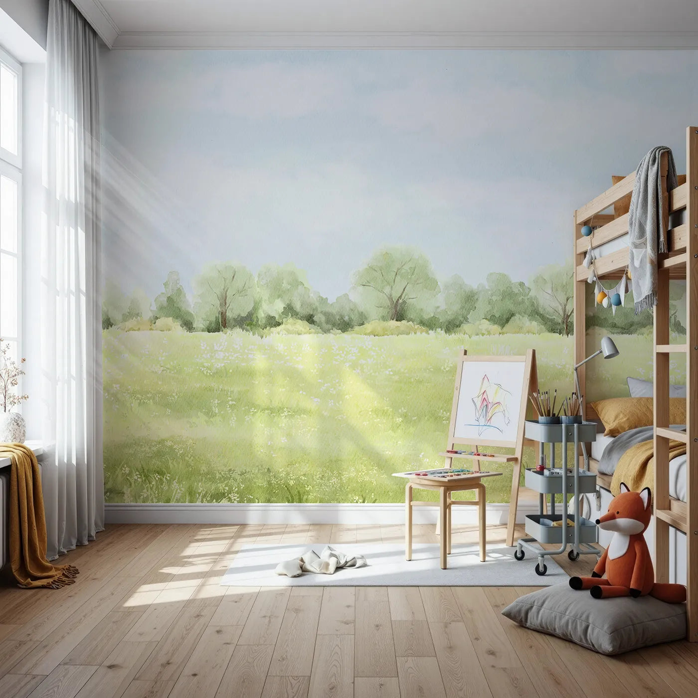 Front view of Whimsy Tots' Summer Meadow View Wall Mural