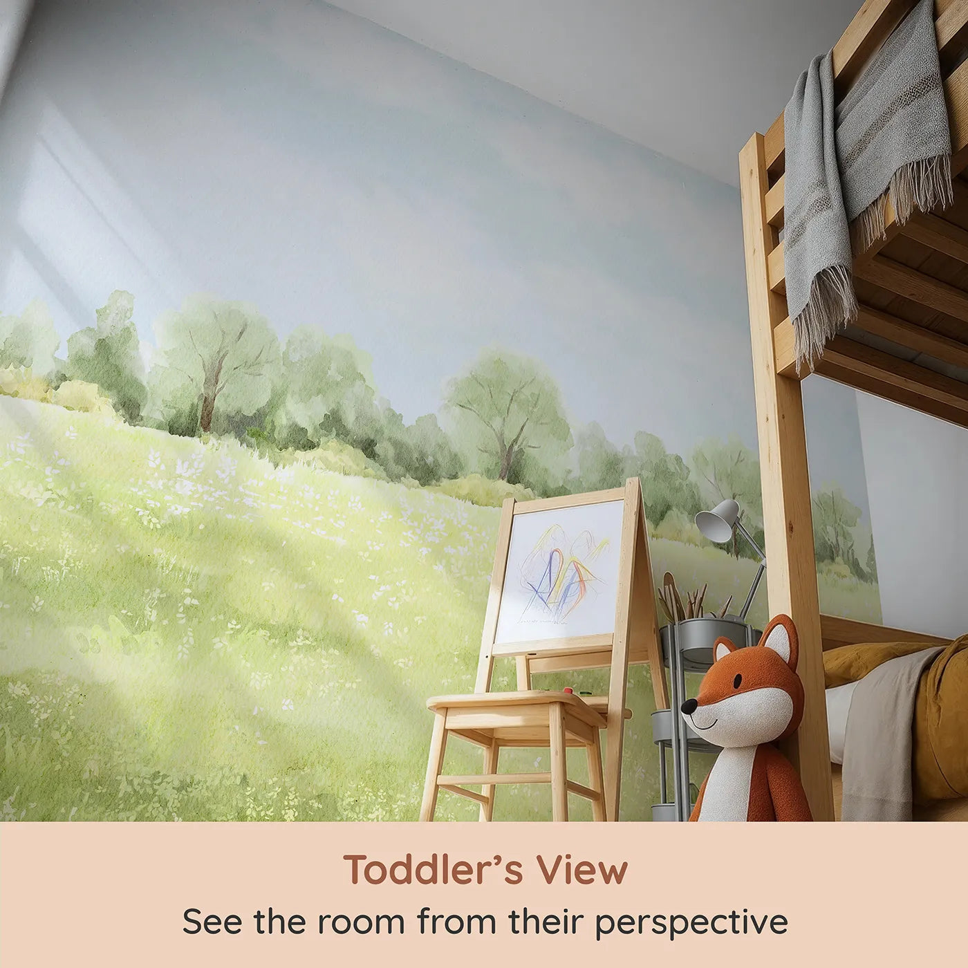 Whimsy Tots Summer Meadow View Wall Mural (Turn Their Room into a Peaceful, Painted Landscape) from your child's view.Gender-Neutral