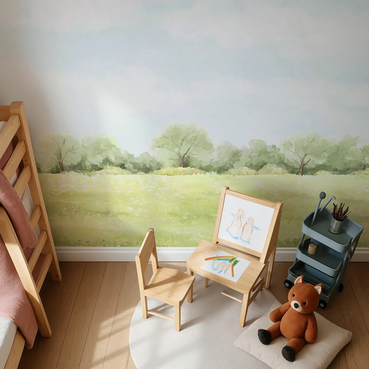 Top-down view of Whimsy Tots' Summer Meadow View Wall Mural (Turn Their Room into a Peaceful, Painted Landscape).Gender-Neutral