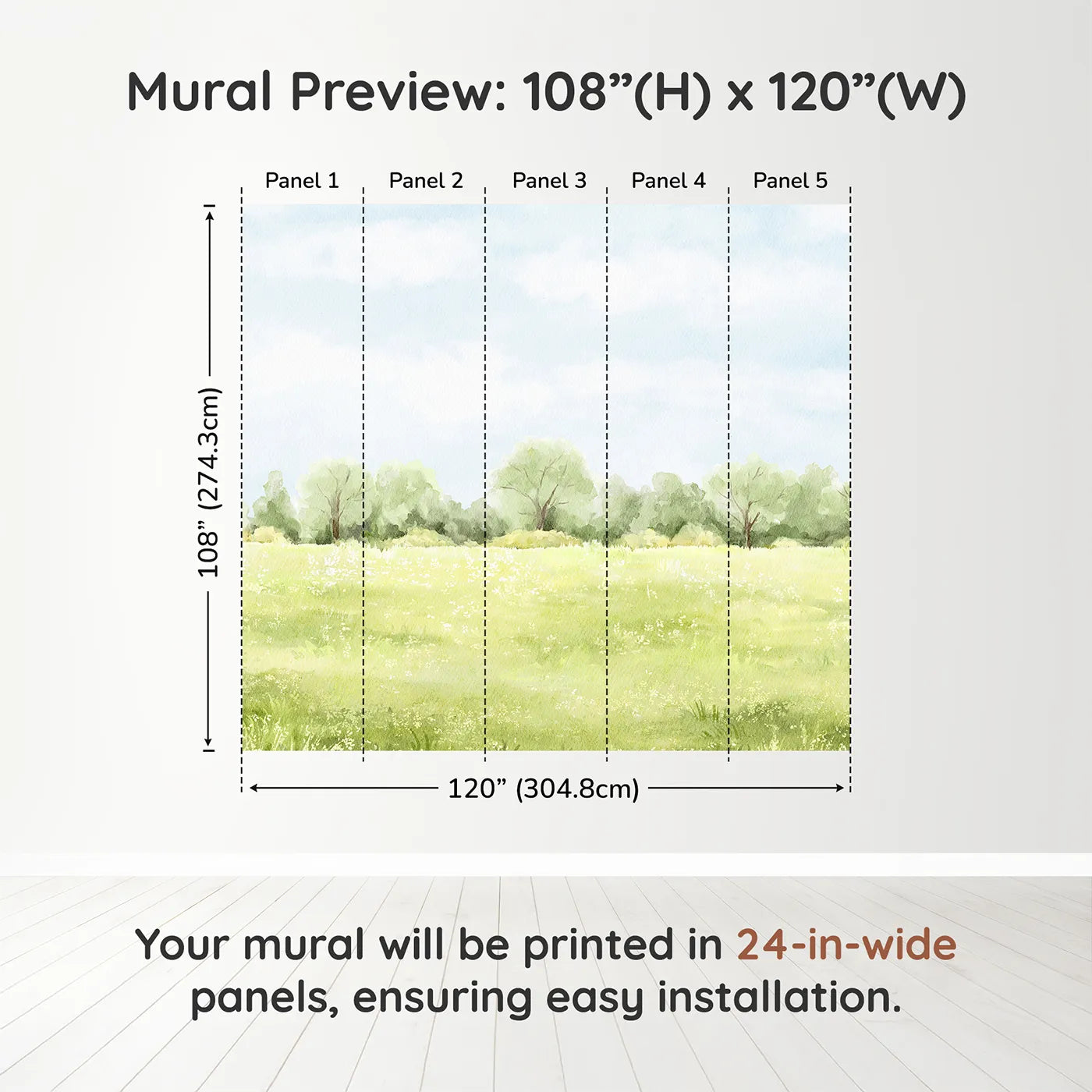 Whimsy Tots Summer Meadow View Wall Muraldimension view (108" H x 120" W). Printed in five 24-inch-wide panels. Gender-Neutral