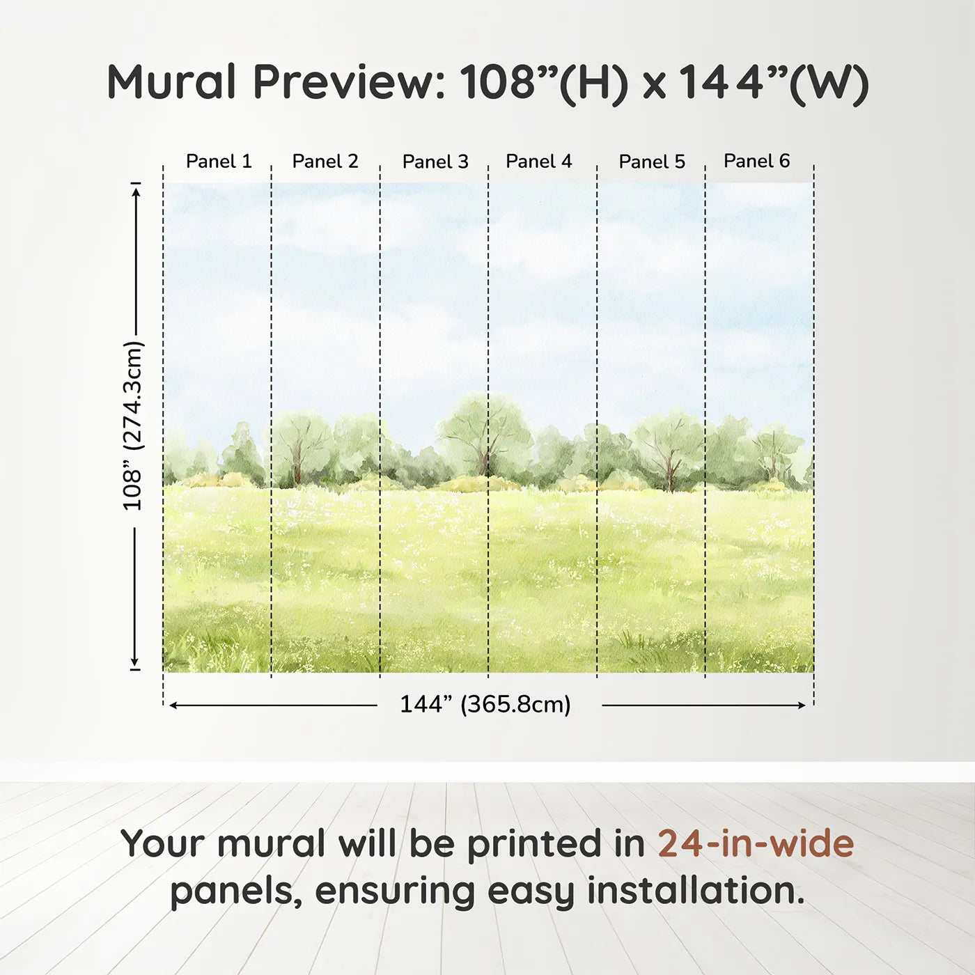 Whimsy Tots Summer Meadow View Wall Muraldimension view (108" H x 144" W). Printed in six 24-inch-wide panels. Gender-Neutral
