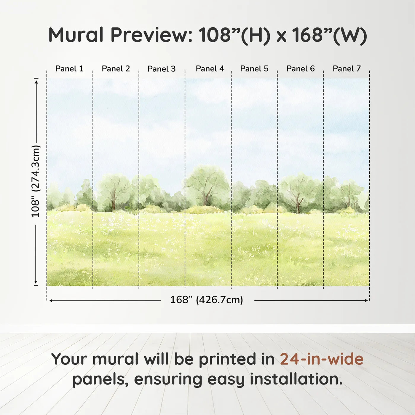 Whimsy Tots Summer Meadow View Wall Muraldimension view (108" H x 168" W). Printed in seven 24-inch-wide panels. Gender-Neutral