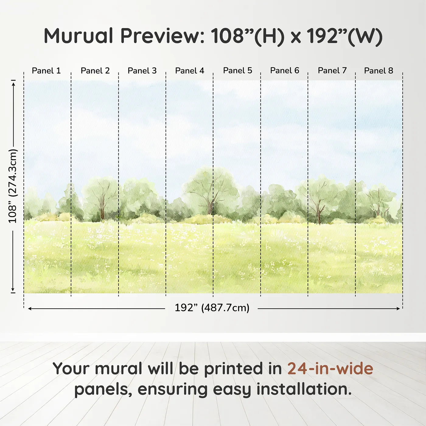 Whimsy Tots Summer Meadow View Wall Muraldimension view (108" H x 192" W). Printed in eight 24-inch-wide panels. Gender-Neutral
