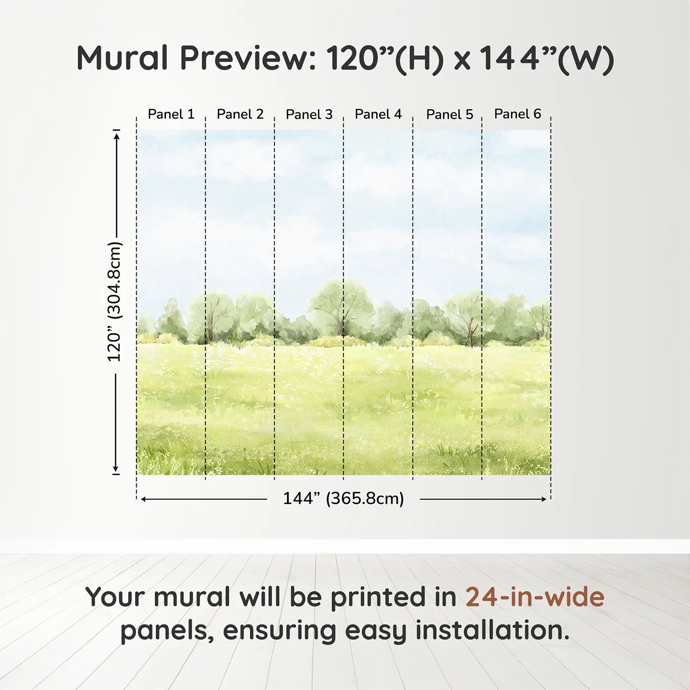 Whimsy Tots Summer Meadow View Wall Muraldimension view (120" H x 144" W). Printed in six 24-inch-wide panels. Gender-Neutral