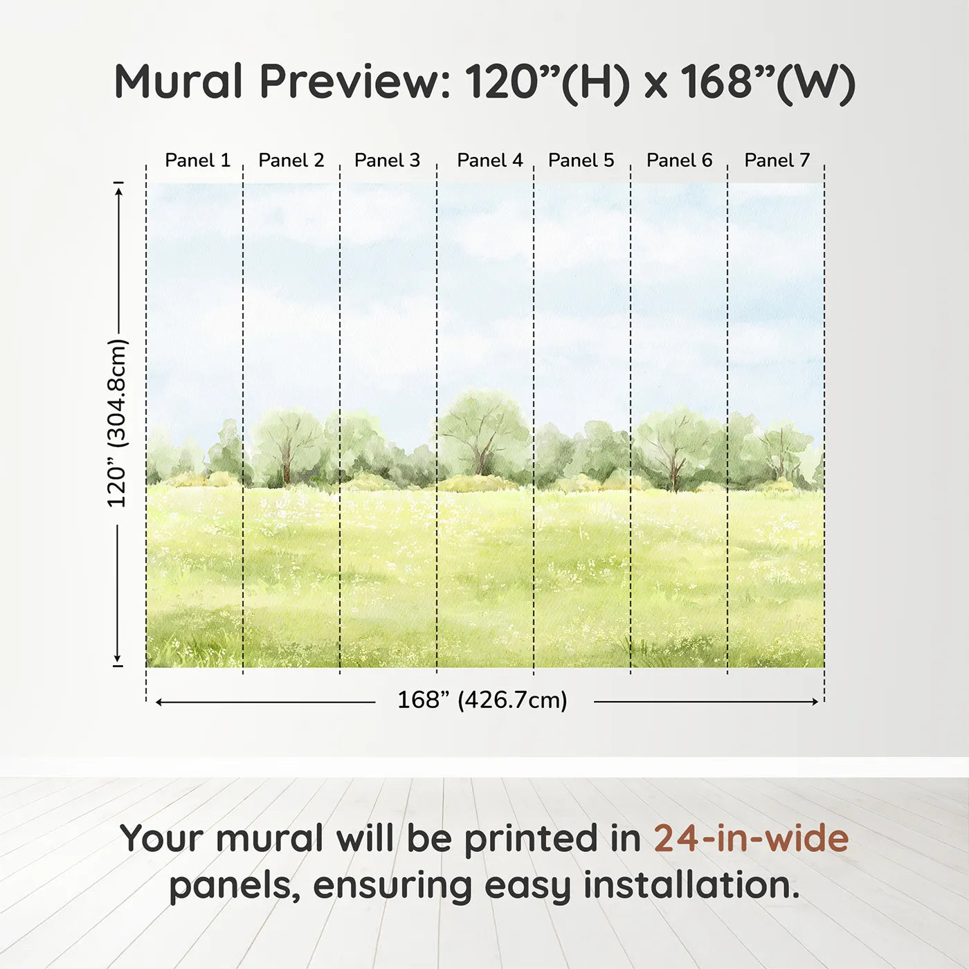 Whimsy Tots Summer Meadow View Wall Muraldimension view (120" H x 168" W). Printed in seven 24-inch-wide panels. Gender-Neutral