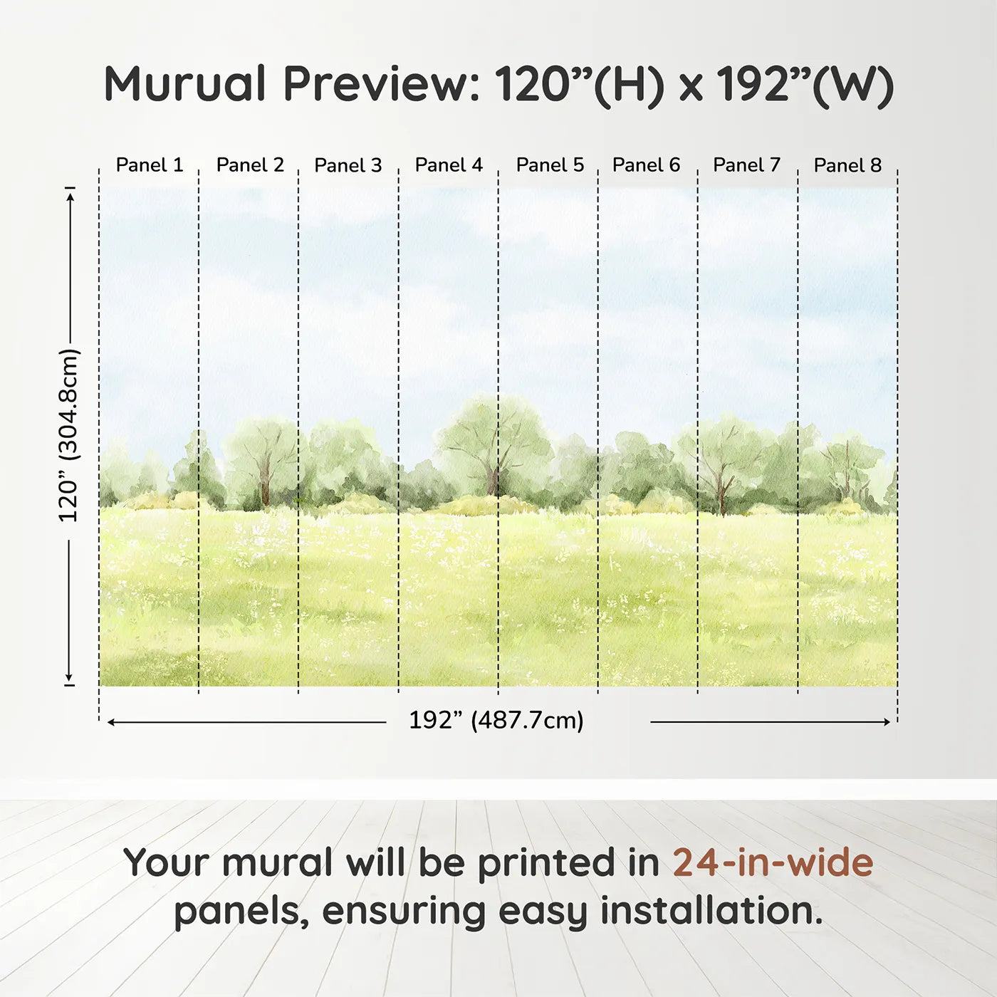Whimsy Tots Summer Meadow View Wall Muraldimension view (120" H x 192" W). Printed in eight 24-inch-wide panels. Gender-Neutral