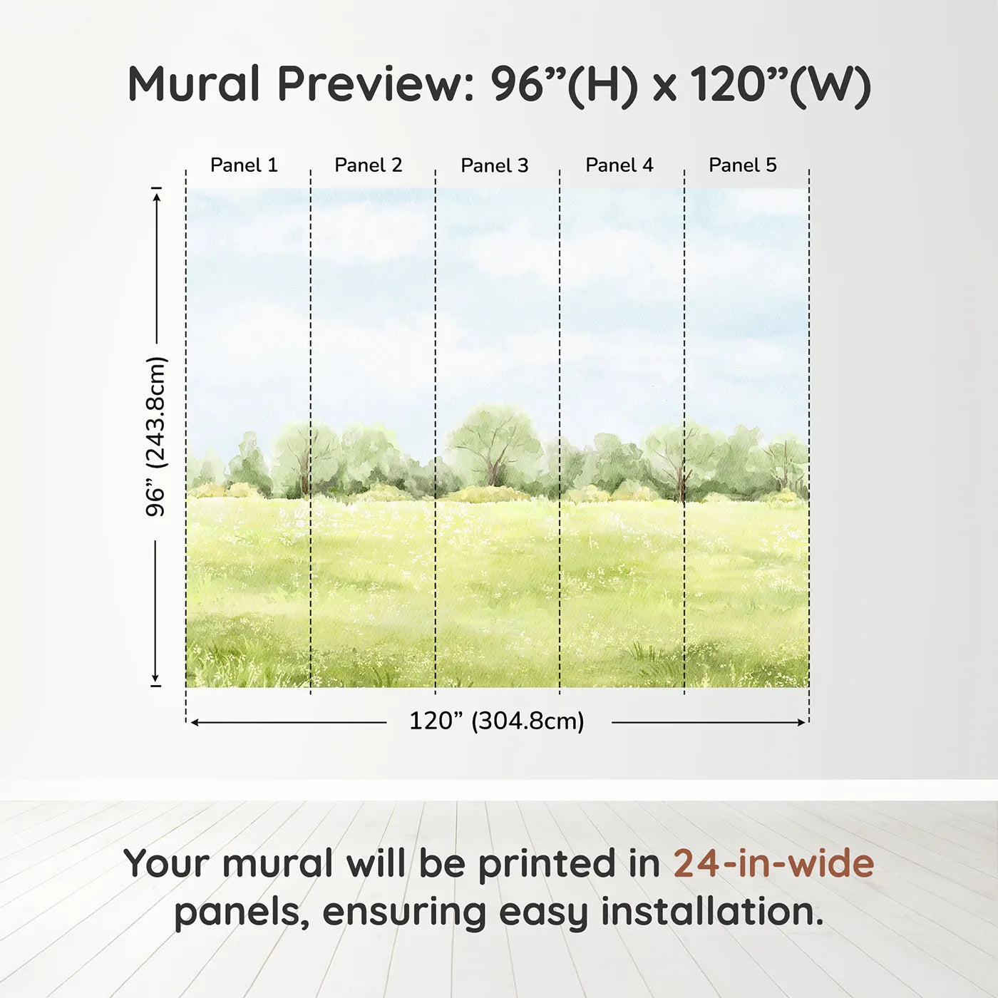 Whimsy Tots Summer Meadow View Wall Muraldimension view (96" H x 120" W). Printed in five 24-inch-wide panels. Gender-Neutral