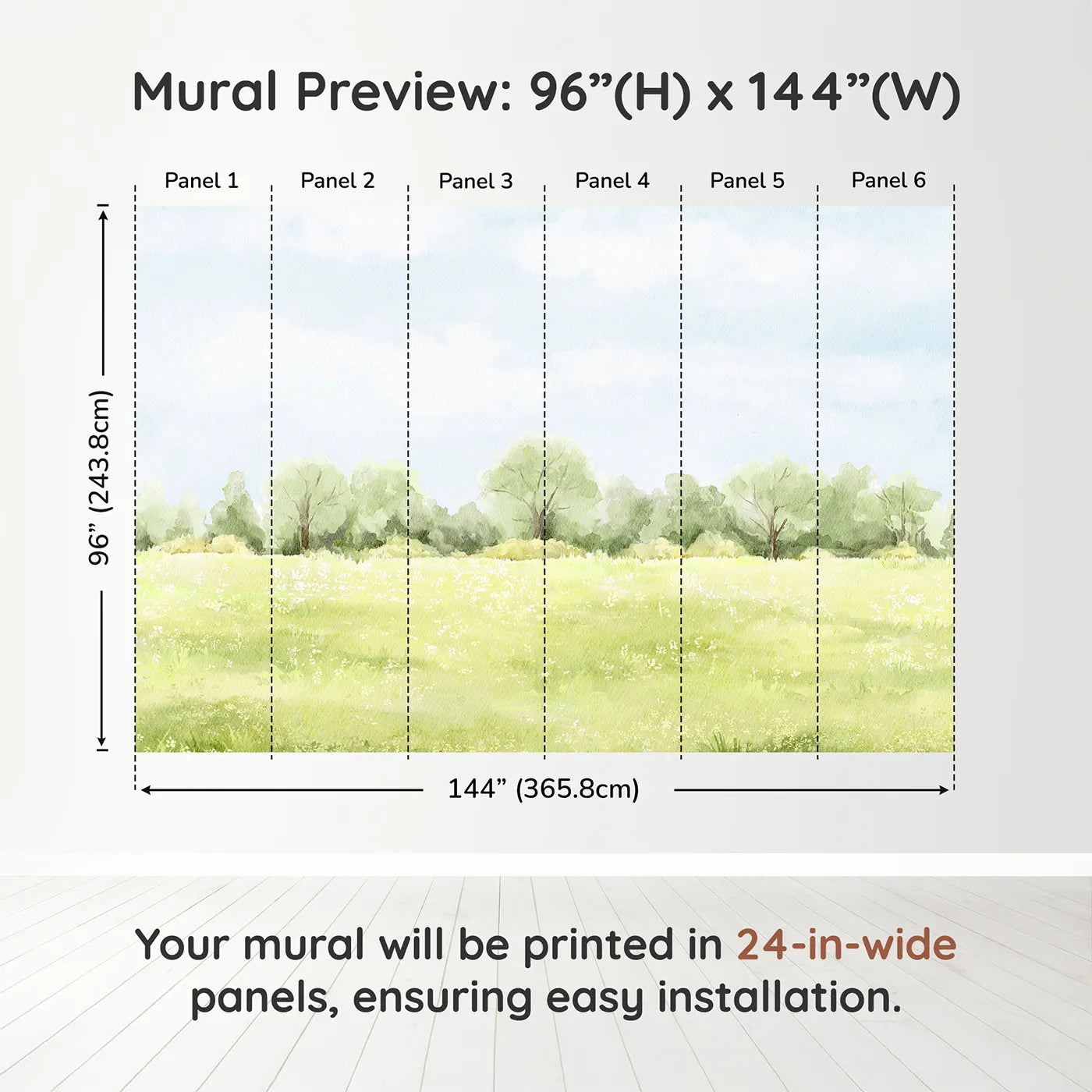 Whimsy Tots Summer Meadow View Wall Muraldimension view (96" H x 144" W). Printed in six 24-inch-wide panels. Gender-Neutral