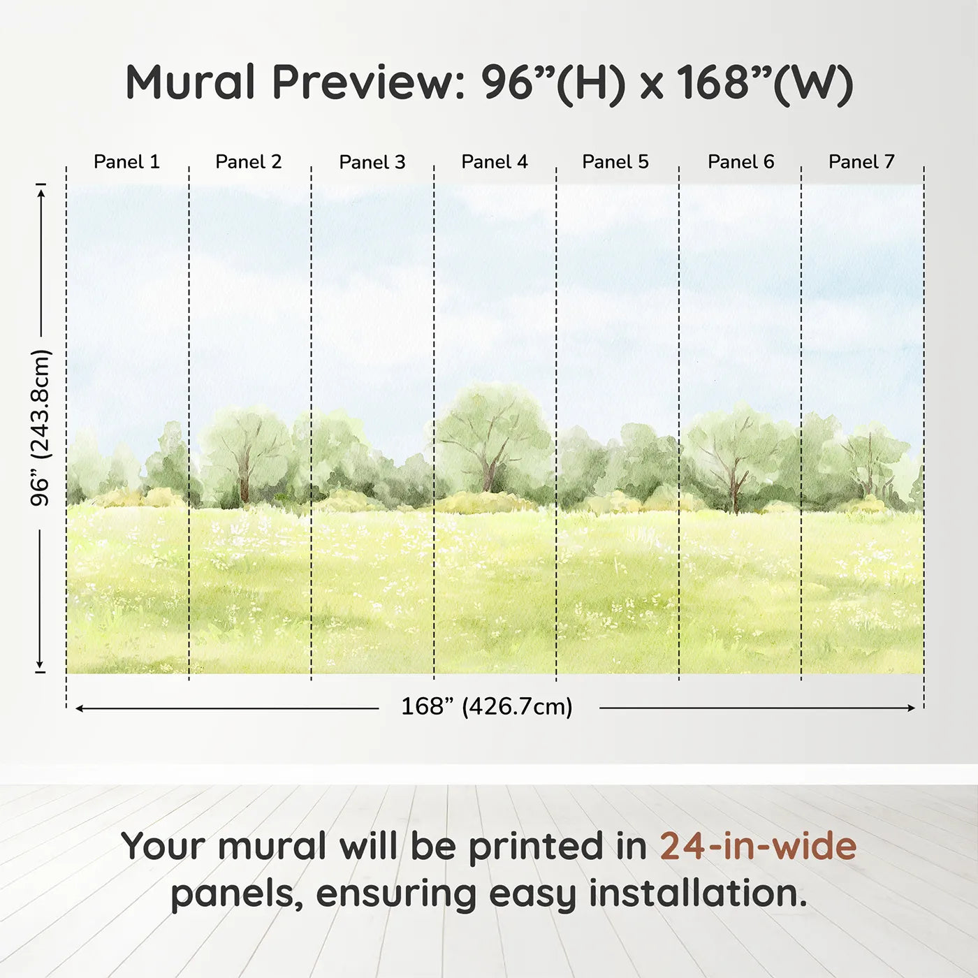 Whimsy Tots Summer Meadow View Wall Muraldimension view (96" H x 168" W). Printed in seven 24-inch-wide panels. Gender-Neutral