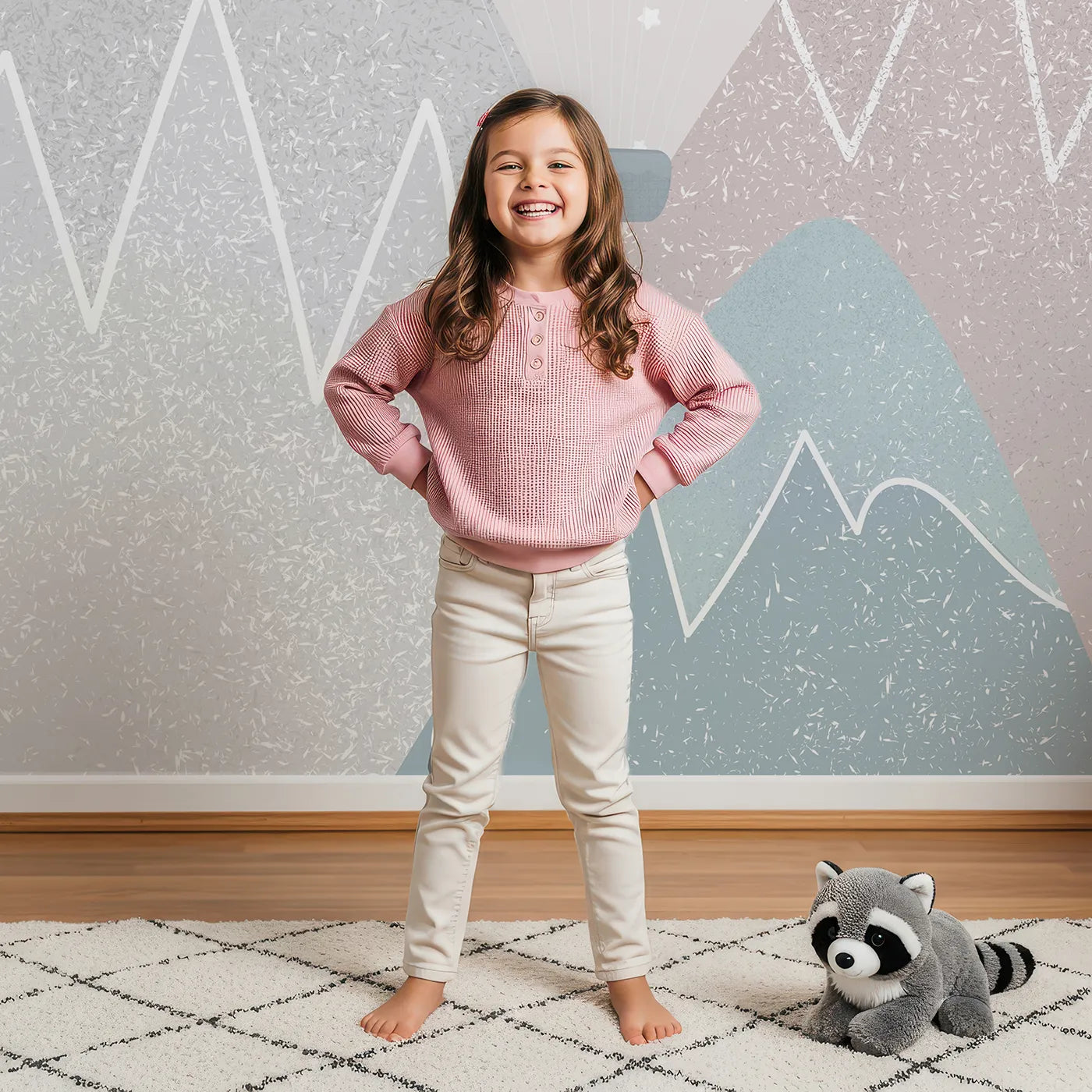 Child in front of Whimsy Tots Textured Mountain Air Show Wall Mural with mountain, balloon, abstract, texture, modern, gray, blue, pink in design.