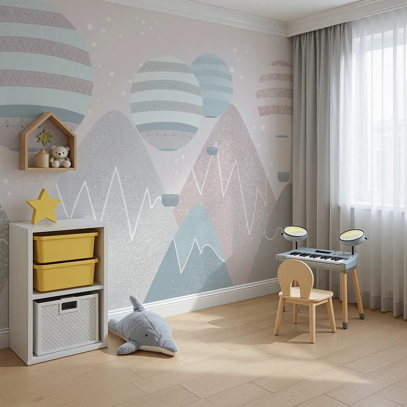 Angled view of Whimsy Tots' Textured Mountain Air Show Wall Mural (Turn Their Room into a Modern, Mountaintop Adventure).Gender-Neutral