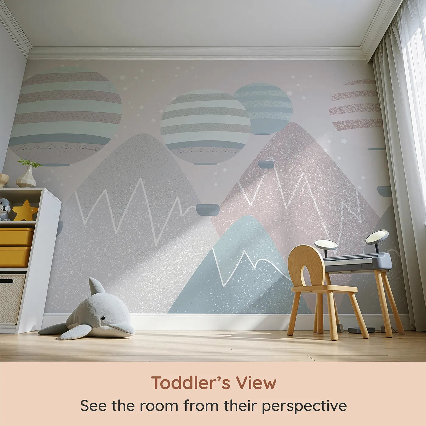 Whimsy Tots Textured Mountain Air Show Wall Mural (Turn Their Room into a Modern, Mountaintop Adventure) from your child's view.Gender-Neutral