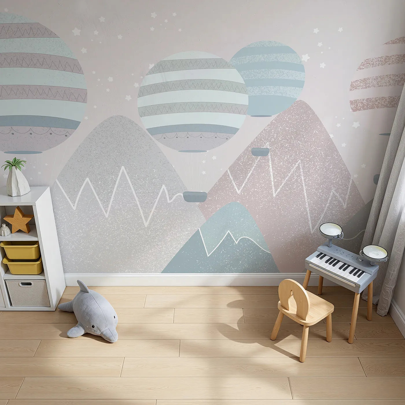Top-down view of Whimsy Tots' Textured Mountain Air Show Wall Mural (Turn Their Room into a Modern, Mountaintop Adventure).Gender-Neutral