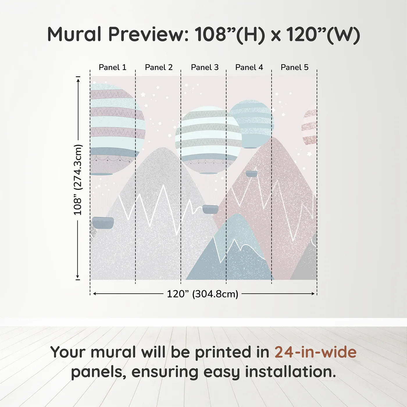 Whimsy Tots Textured Mountain Air Show Wall Muraldimension view (108" H x 120" W). Printed in five 24-inch-wide panels. Gender-Neutral