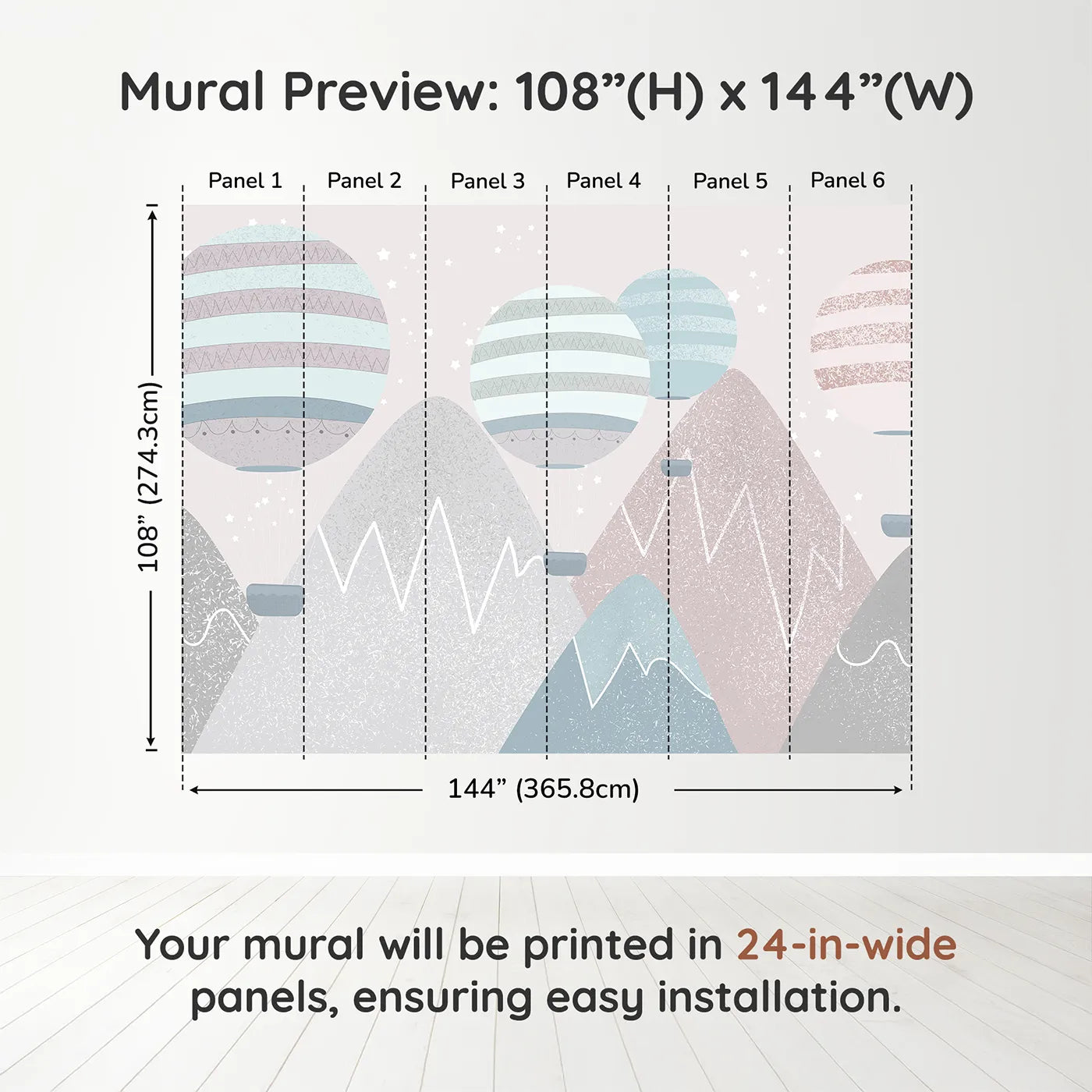 Whimsy Tots Textured Mountain Air Show Wall Muraldimension view (108" H x 144" W). Printed in six 24-inch-wide panels. Gender-Neutral