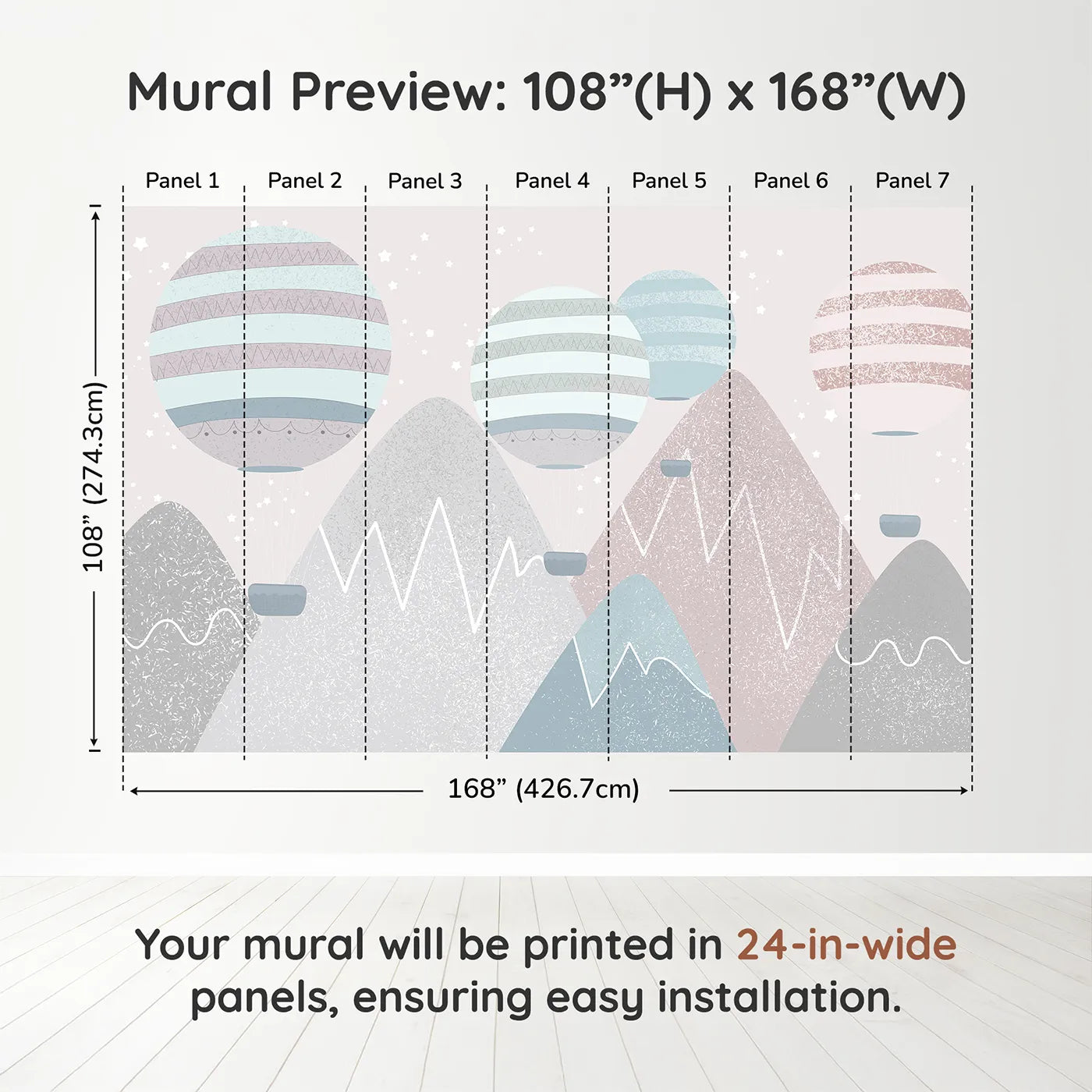 Whimsy Tots Textured Mountain Air Show Wall Muraldimension view (108" H x 168" W). Printed in seven 24-inch-wide panels. Gender-Neutral