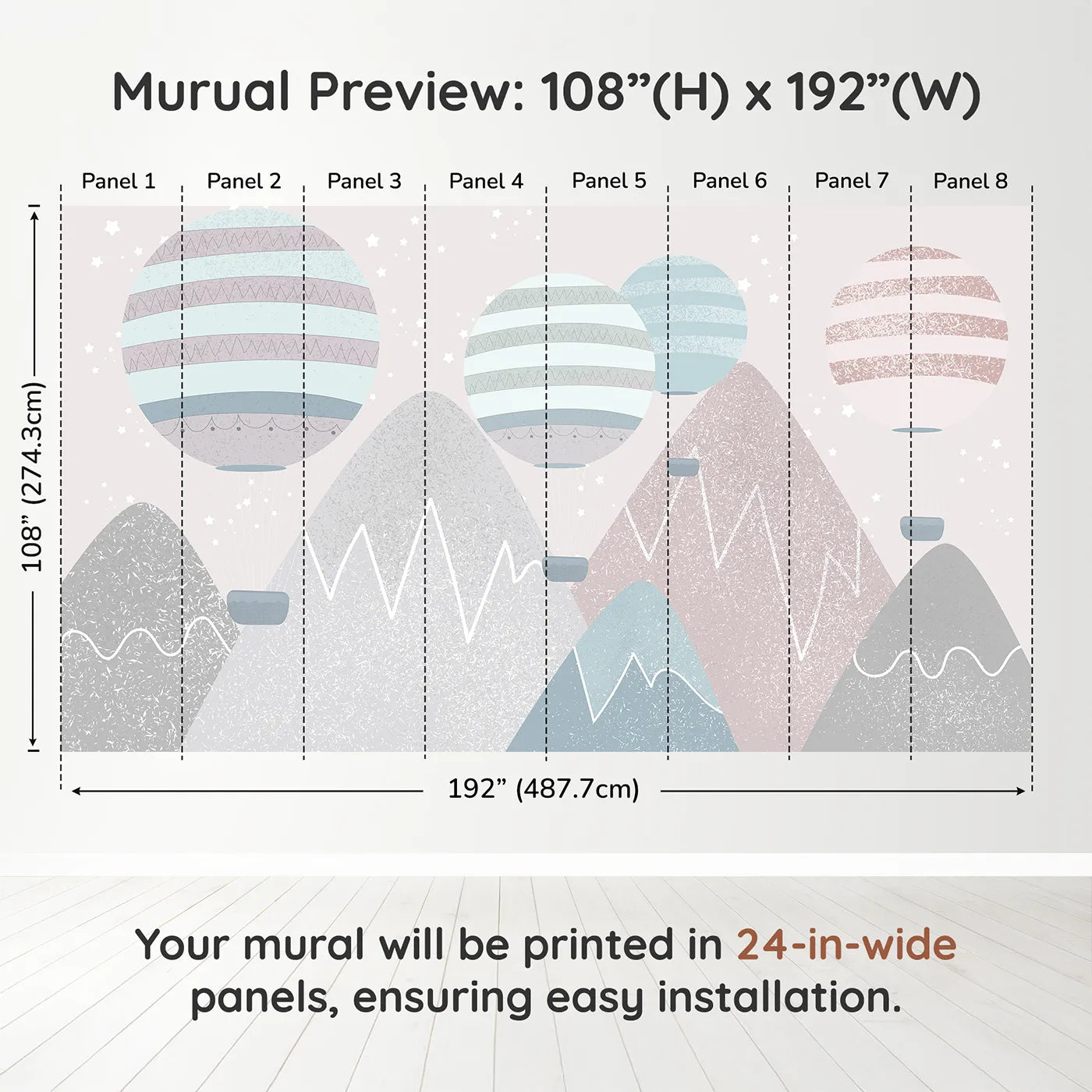 Whimsy Tots Textured Mountain Air Show Wall Muraldimension view (108" H x 192" W). Printed in eight 24-inch-wide panels. Gender-Neutral