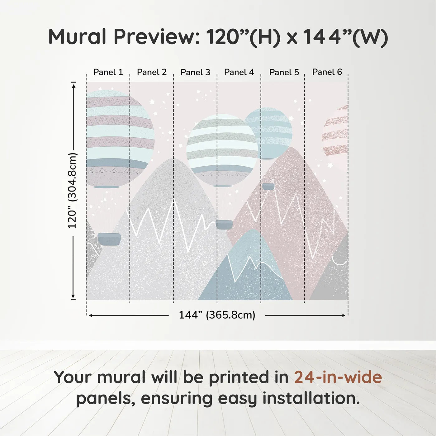 Whimsy Tots Textured Mountain Air Show Wall Muraldimension view (120" H x 144" W). Printed in six 24-inch-wide panels. Gender-Neutral