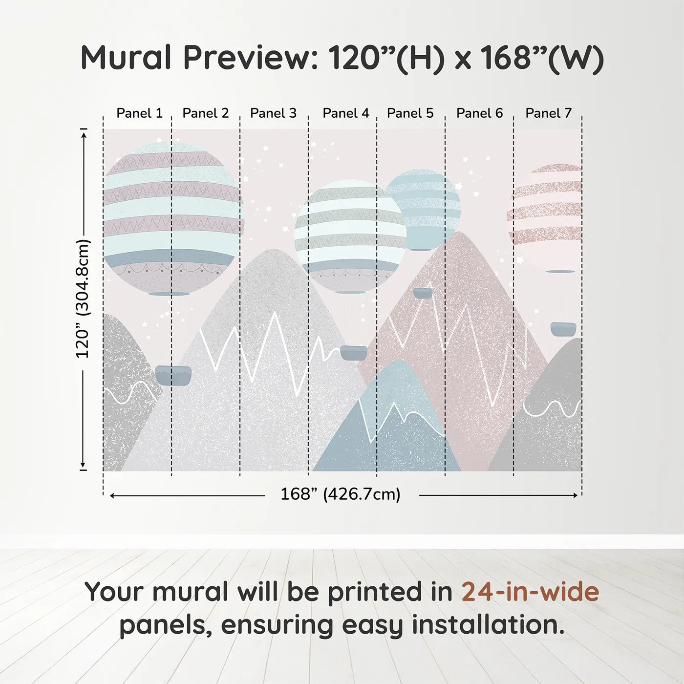 Whimsy Tots Textured Mountain Air Show Wall Muraldimension view (120" H x 168" W). Printed in seven 24-inch-wide panels. Gender-Neutral